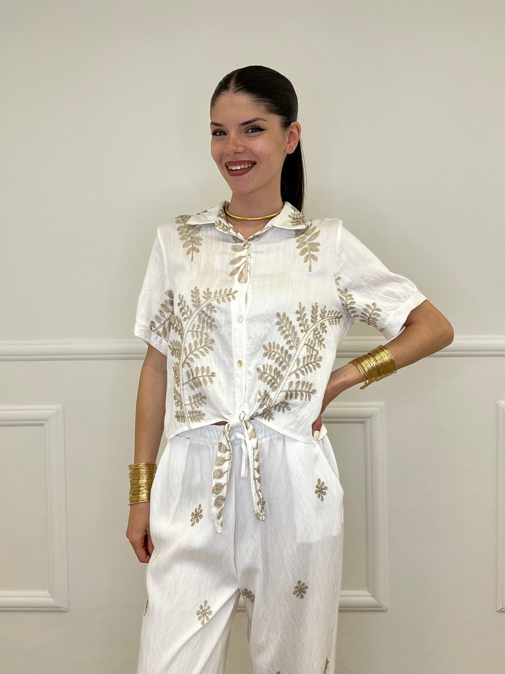 Camicia Nodo Ricami Lurex 18107 Bianco