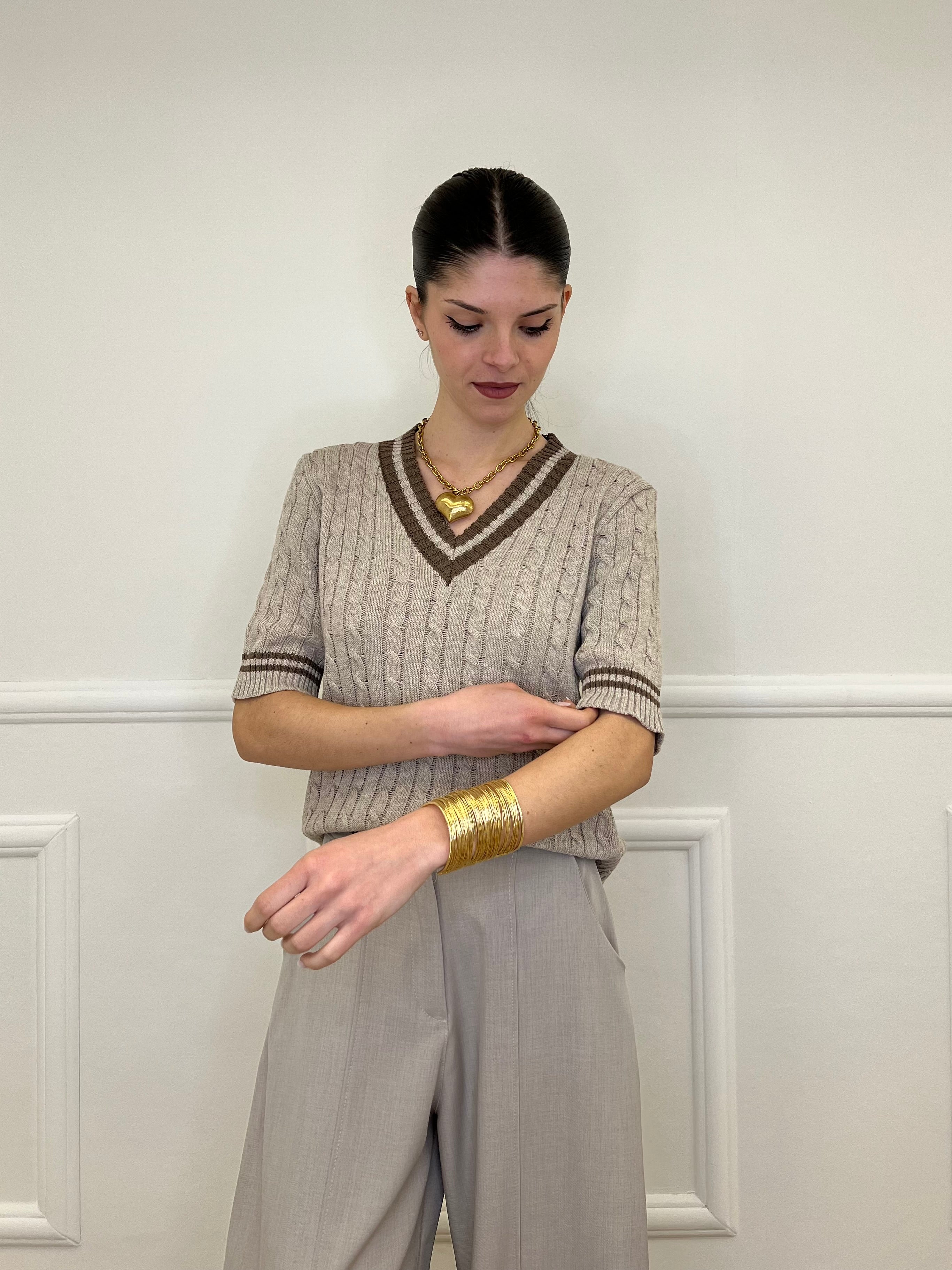 Maglia Trecce Profili a Contrasto 9467 Taupe e Moro