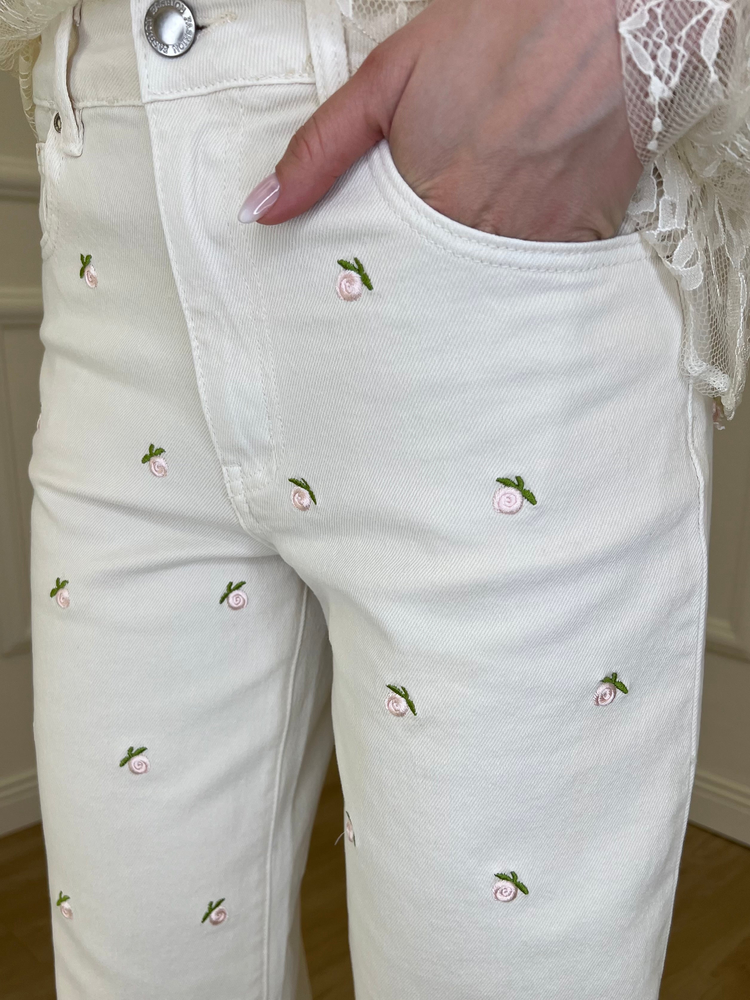 Jeans Fiori Ricamati 5387 Panna