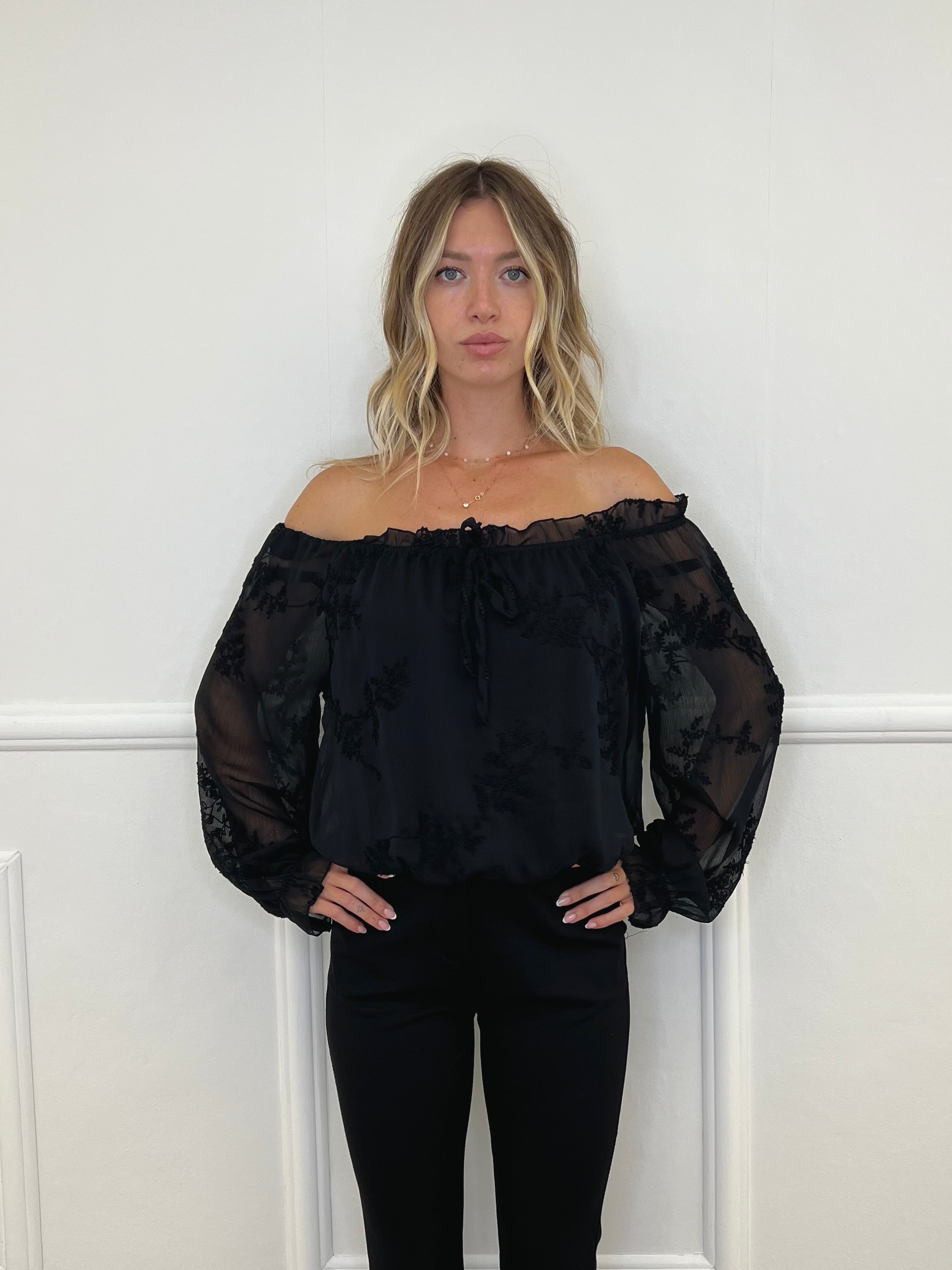 Blusa Boho Con Ricami 89039-1 Nero
