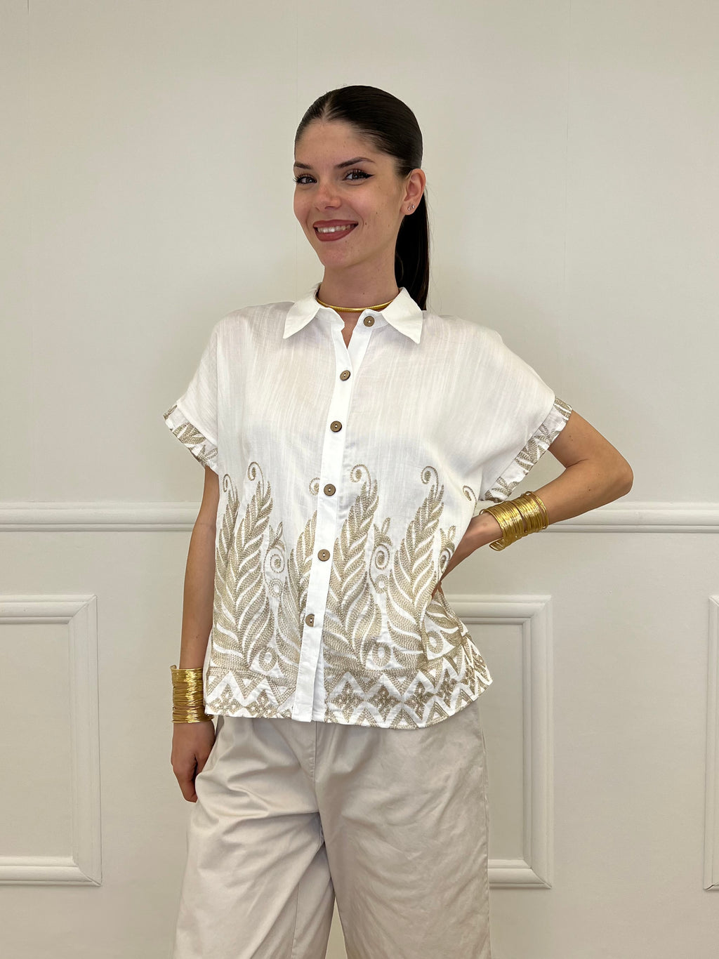 Camicia Ricami Lurex 18090 Bianco