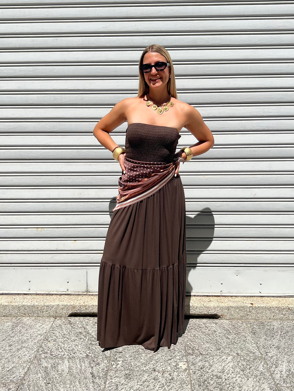 Abito Fascia Jersey Con Foulard 22556 Marrone