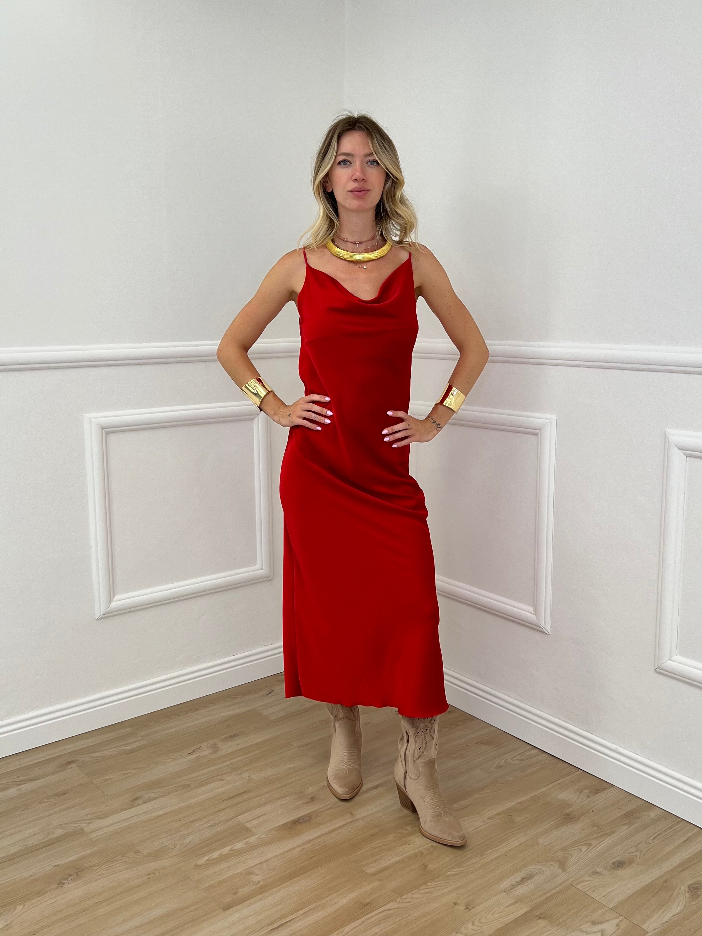 Vestito Satinato Con Scollo Morbido 1502 Rosso