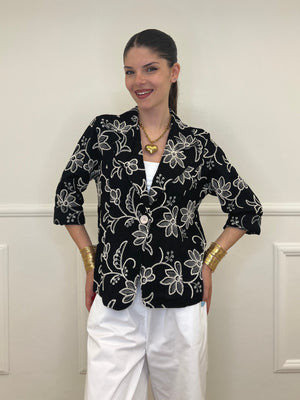 Blazer Ricamato in Lino e Viscosa 11353 Nero