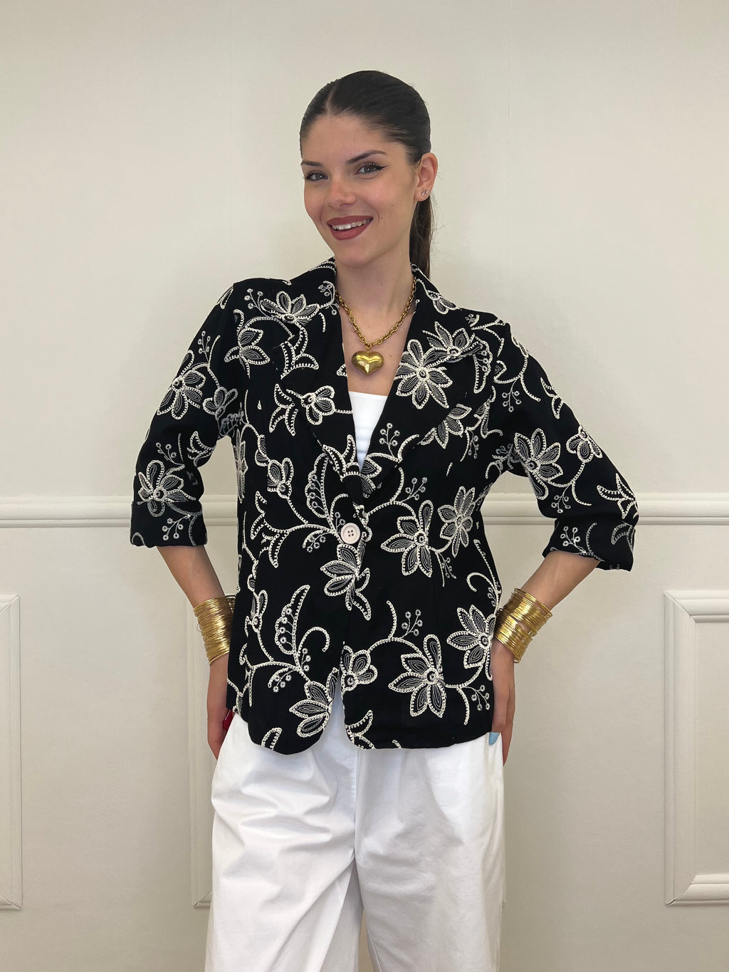 Blazer Ricamato in Lino e Viscosa 11353 Nero