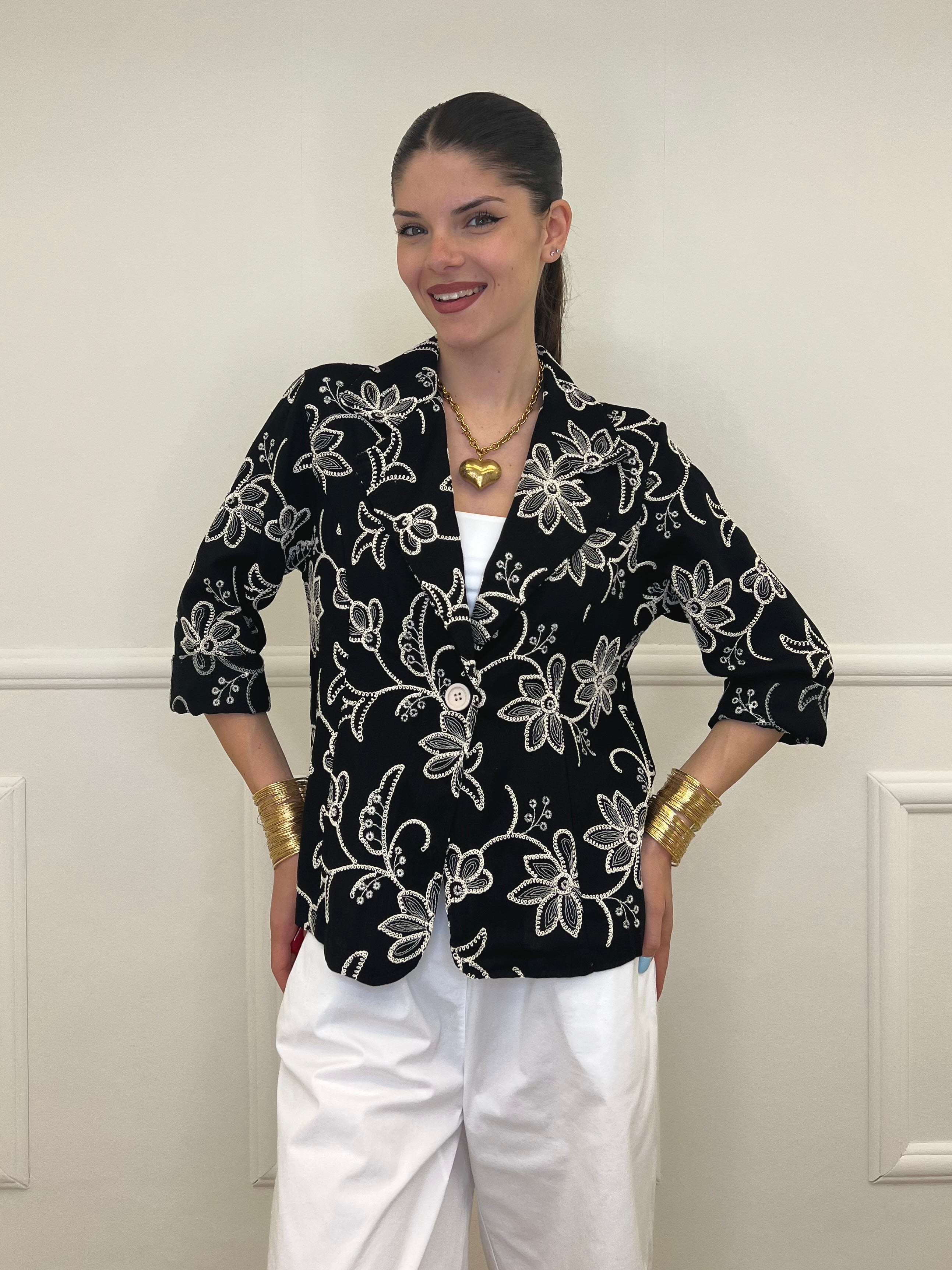 Blazer Ricamato in Lino e Viscosa 11353 Nero