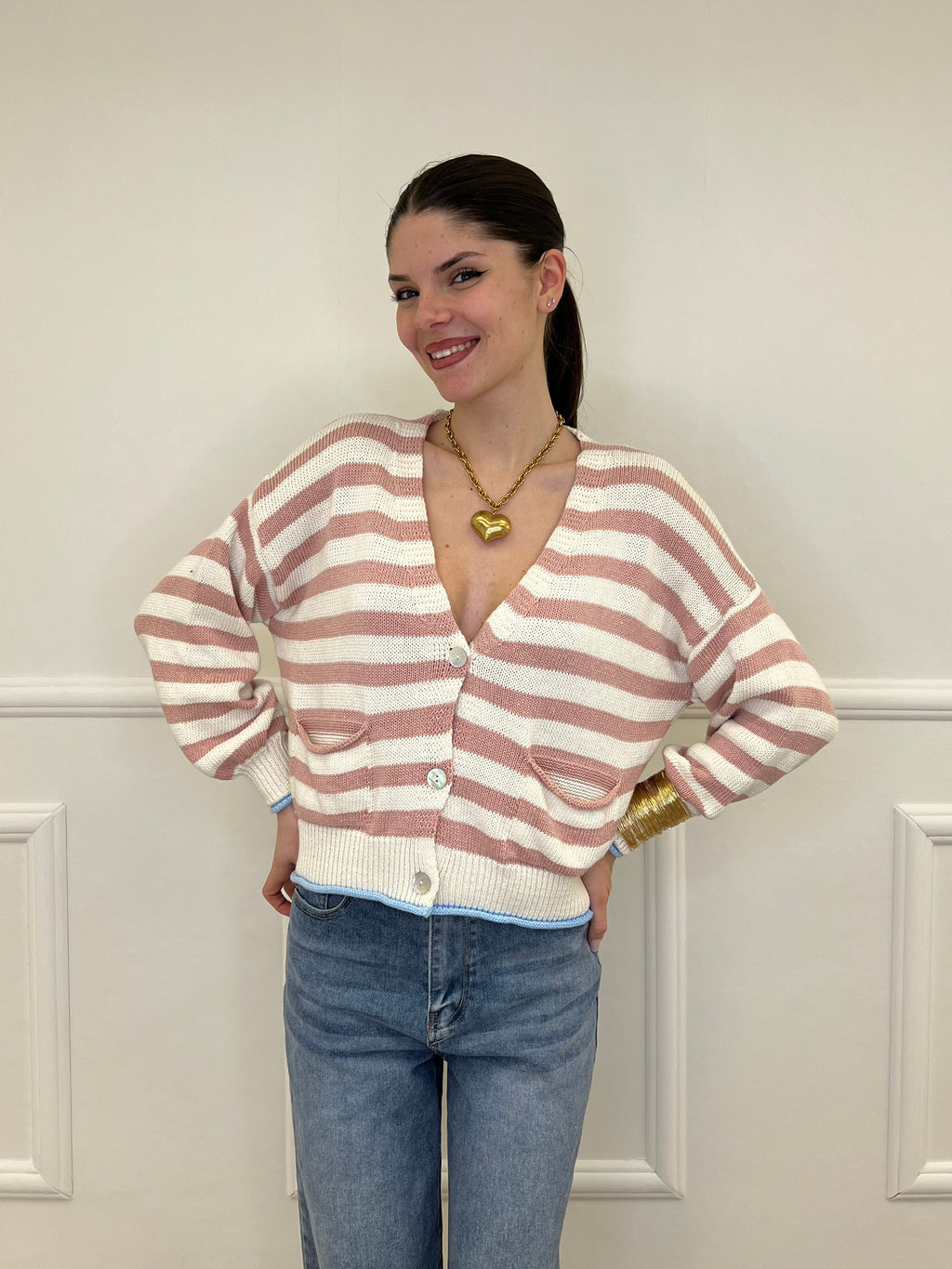 Cardigan Scatoletta Righe 10667 Rosa