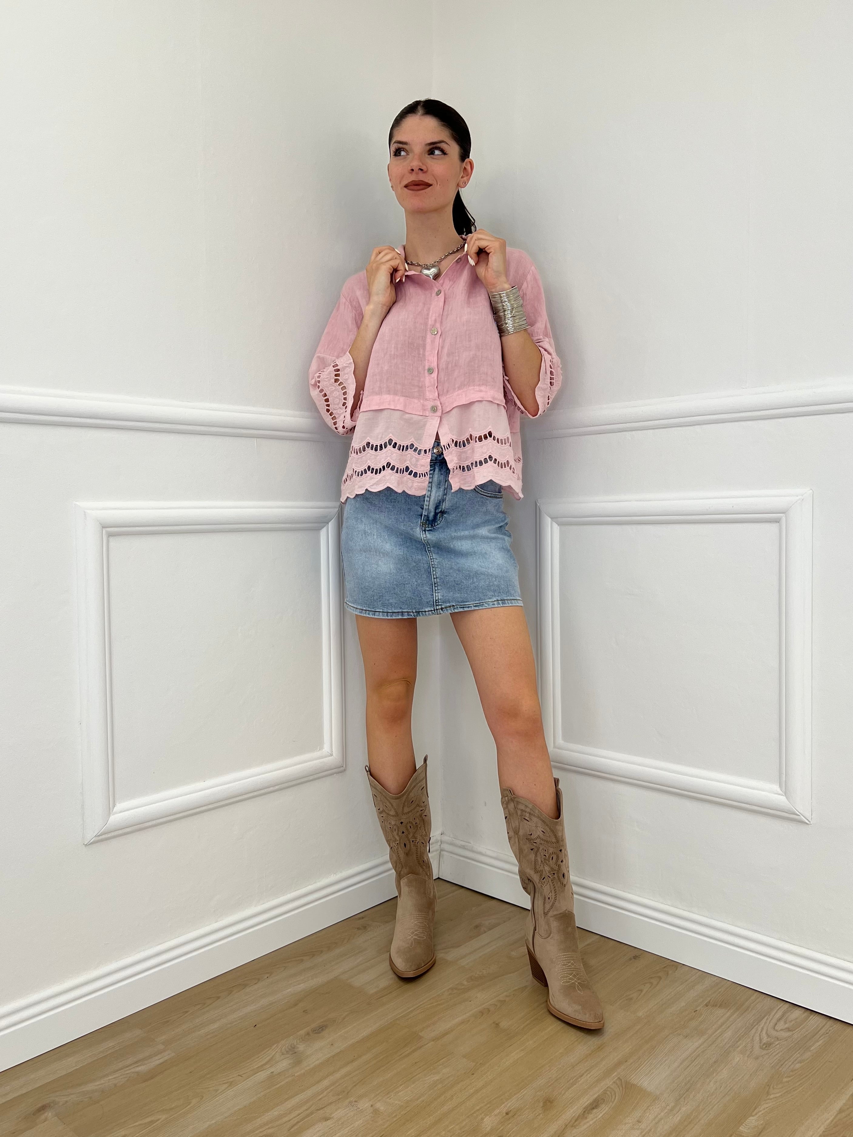 Camicia Lino Maniche Sangallo 1788 Rosa