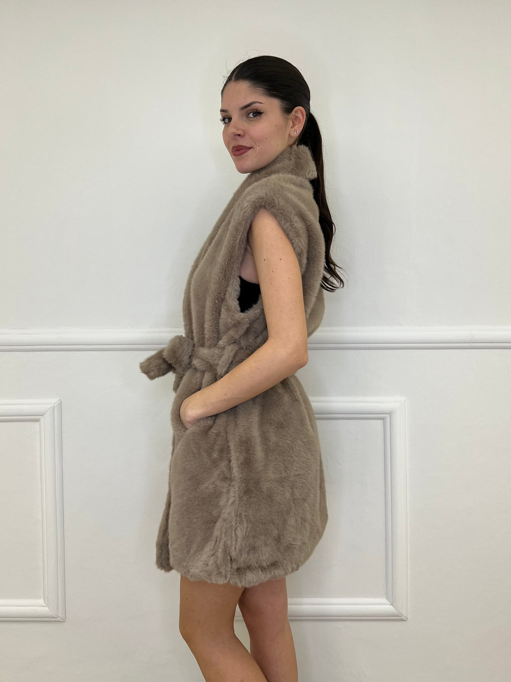 Maxi Gilet Pelliccia C021 Taupe