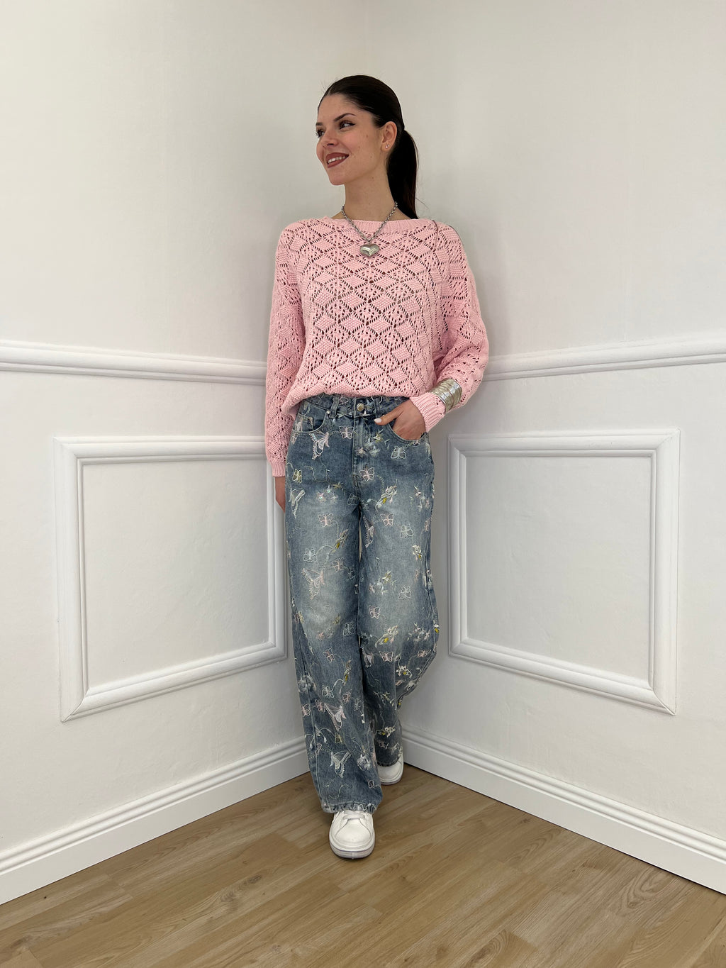 Maglia Jacquard Traforata 82618 Rosa