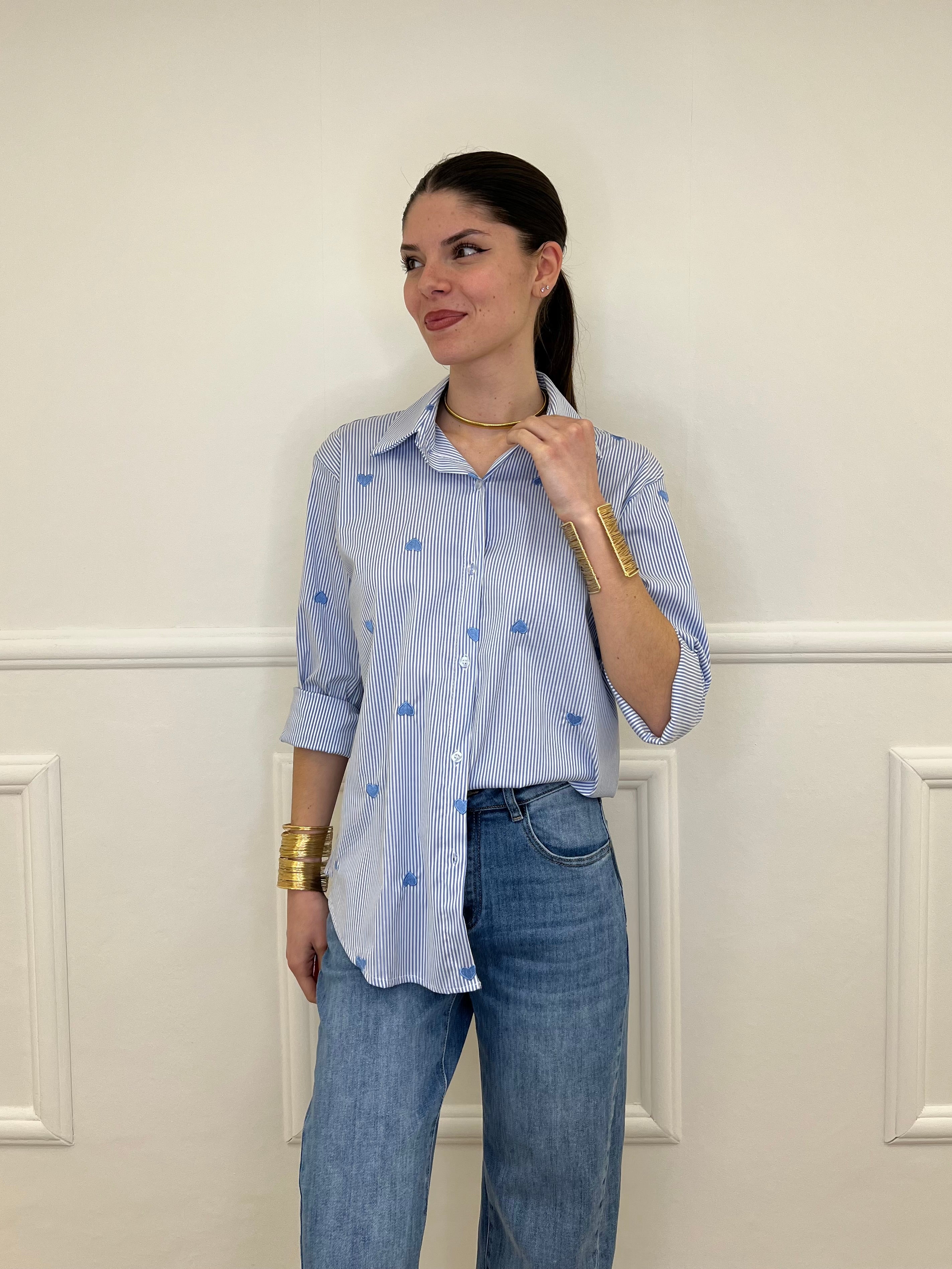 Camicia a Righe Cuori Ricamati 121255 Azzurro