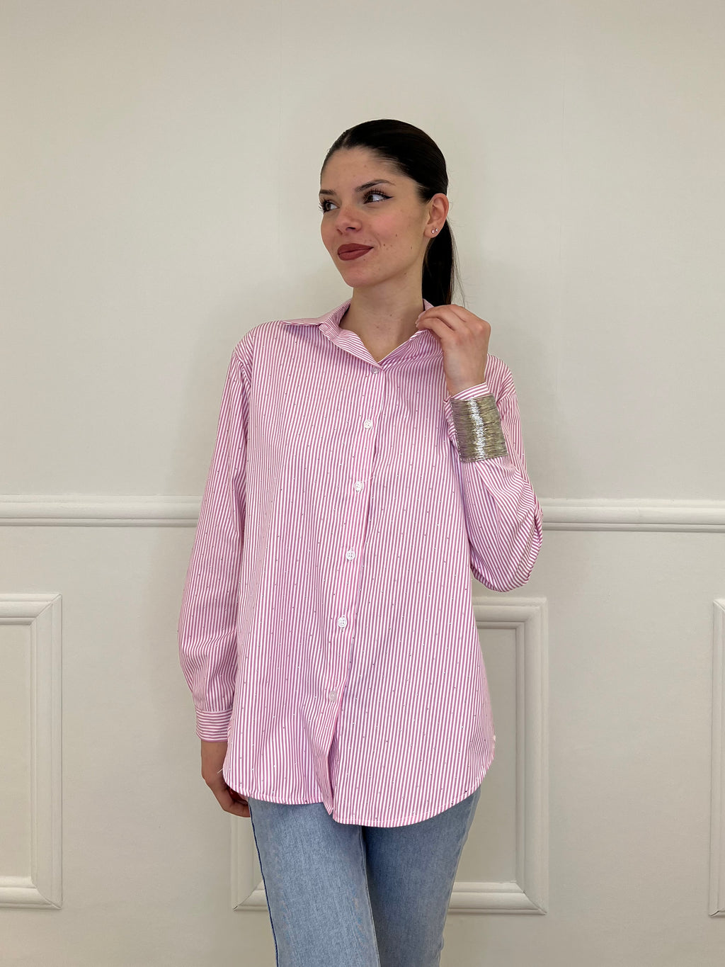 Camicia a Righe Micro Strass 82046 Rosa