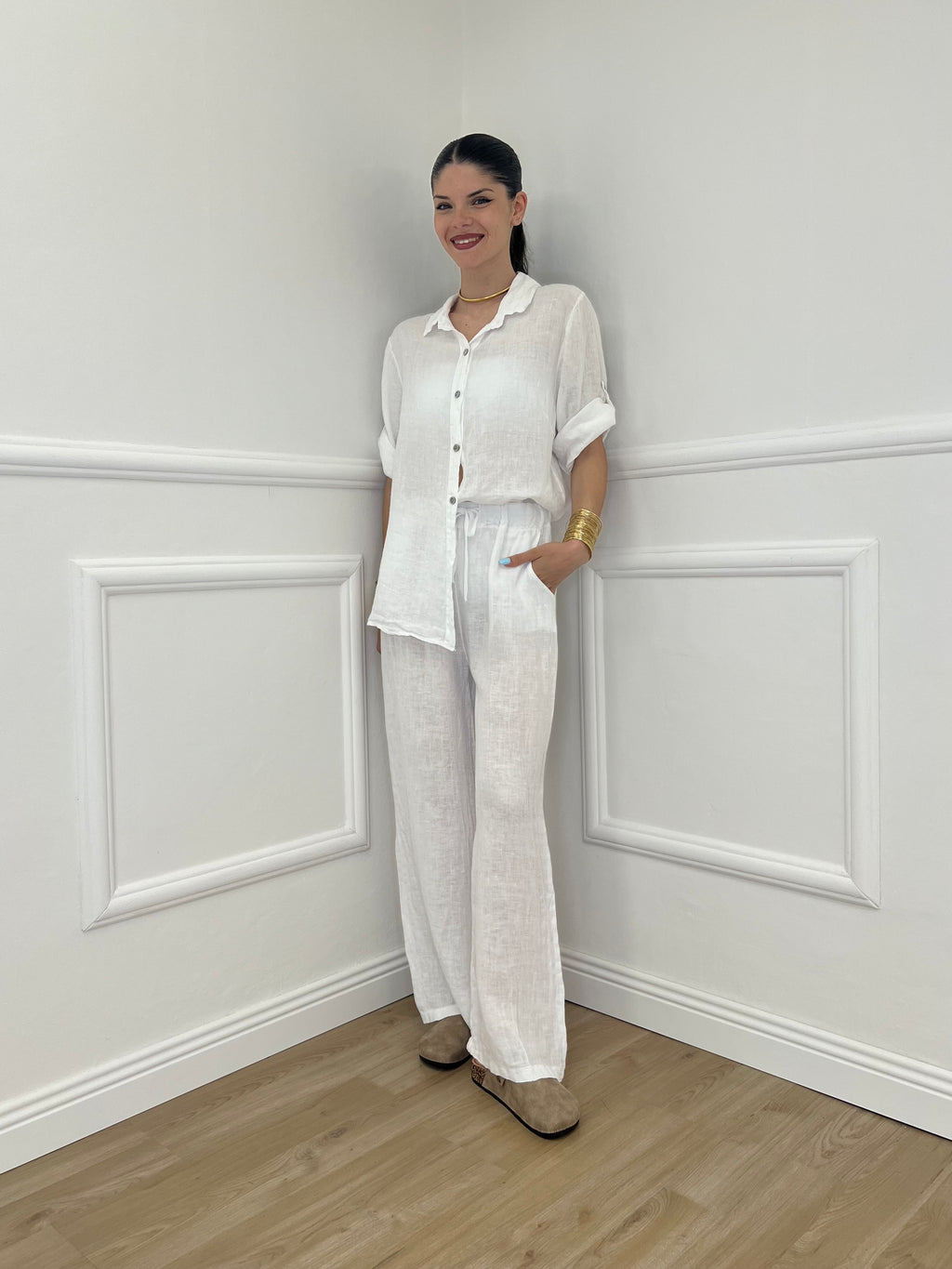 Pantalone Lino Coulisse 23216 Bianco