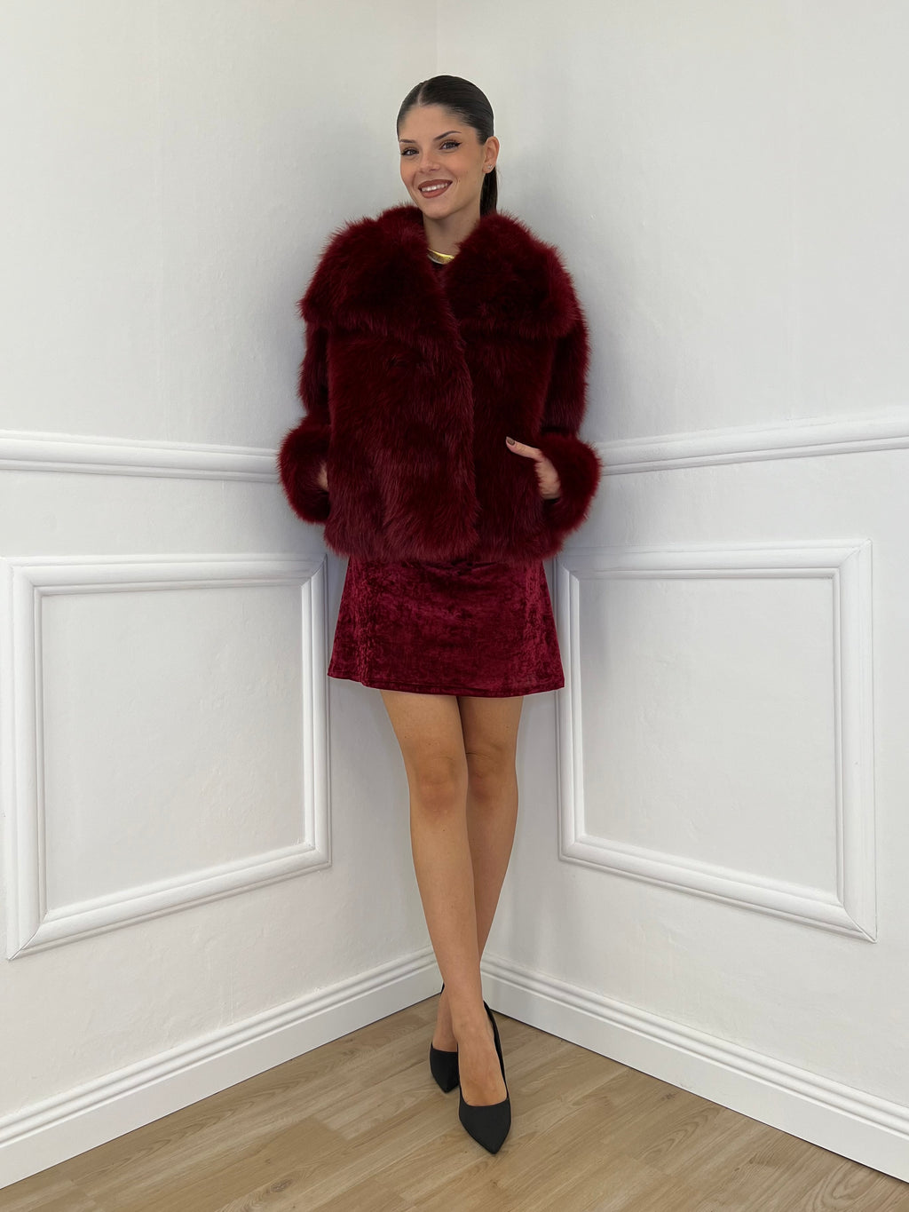 Double-Breasted Fur Coat Y0238 Bordeaux