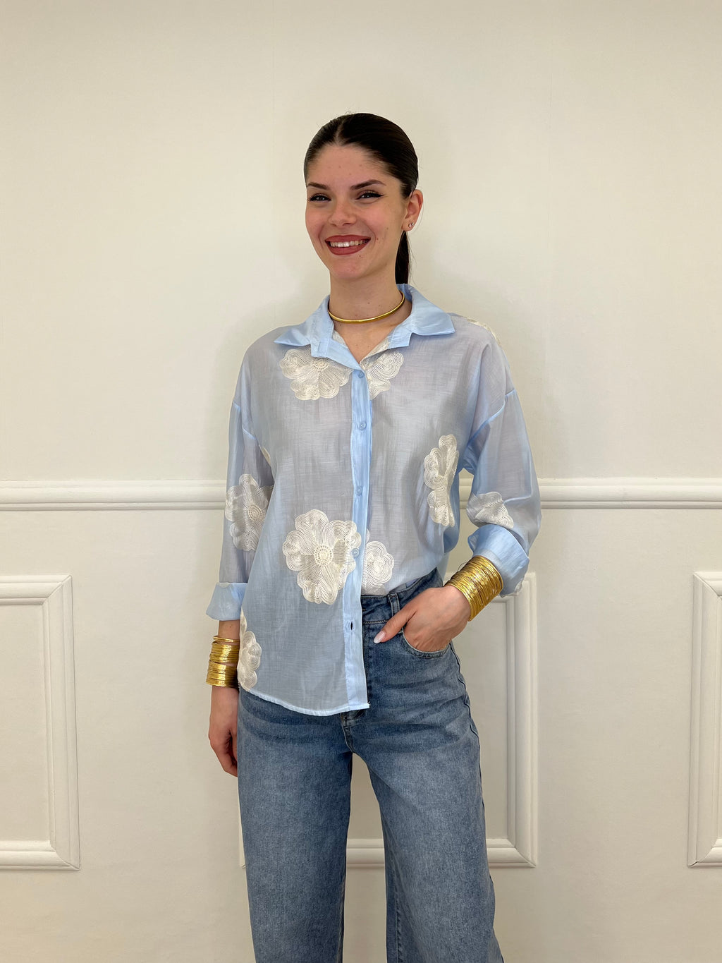 Camicia Tencel Ricami 7357 Azzurro