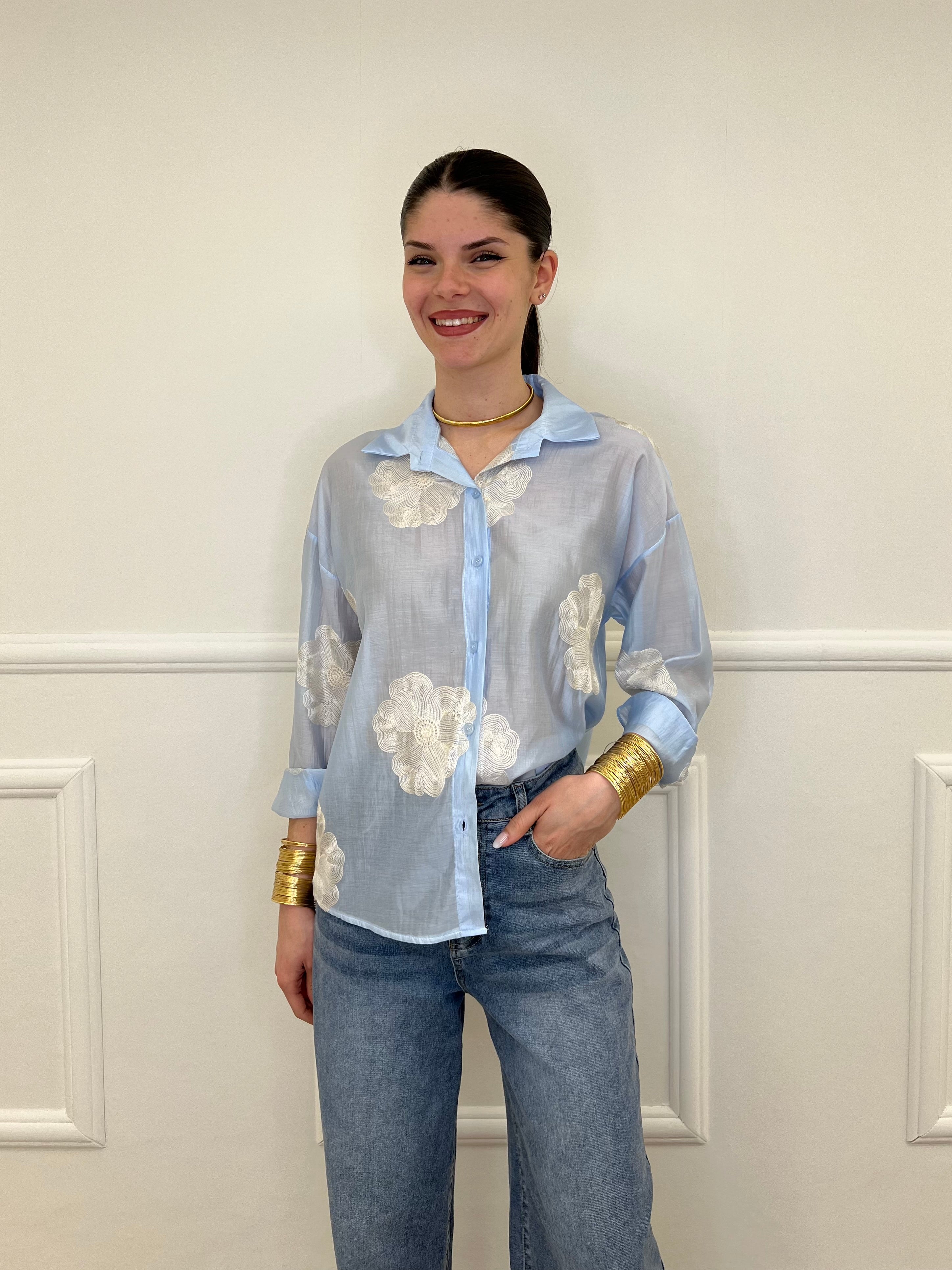 Camicia Tencel Ricami 7357 Azzurro