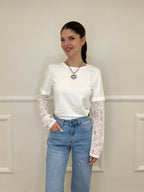 T-Shirt Con Maniche In Pizzo T10575 Bianco