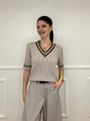 Maglia Trecce Profili a Contrasto 9467 Taupe e Moro