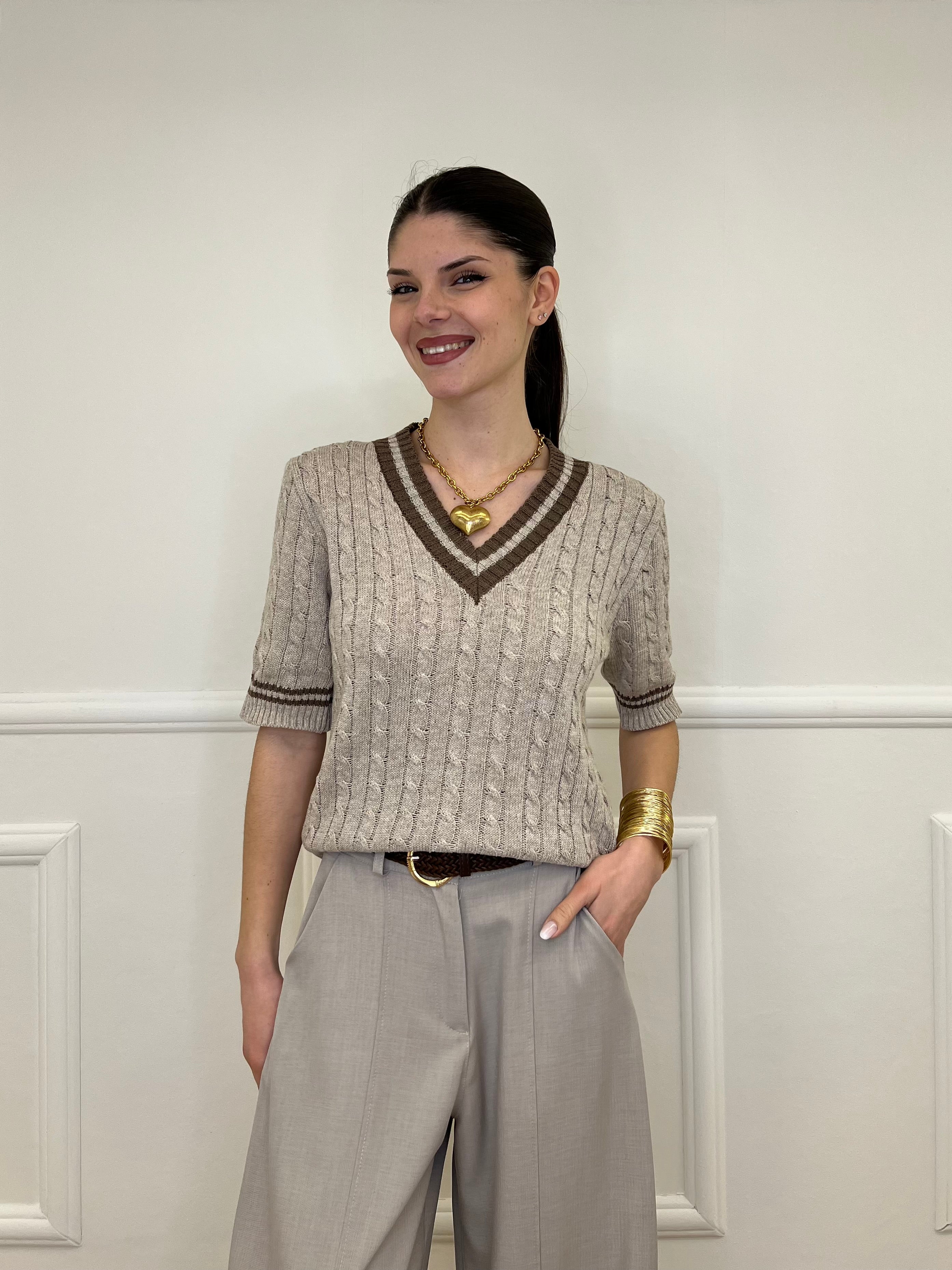 Maglia Trecce Profili a Contrasto 9467 Taupe e Moro