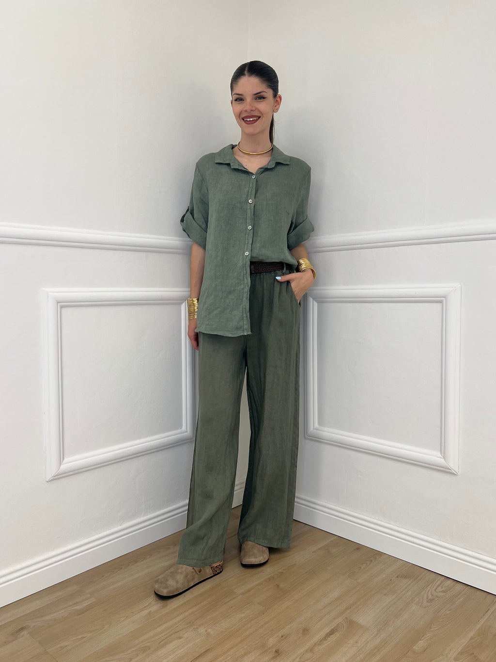 Pantalone Lino Cintura 22525 Verde