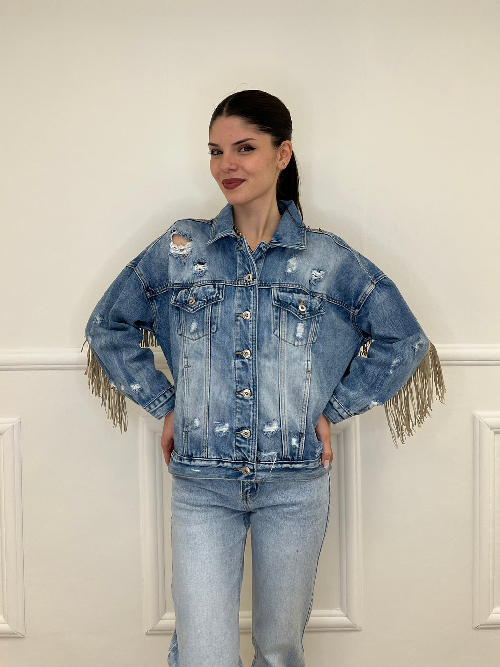 Giacca Denim con Frange e Ricami 9597 Jeans