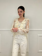 Twin Set Blusa in Pizzo Con Jabot e Sottoveste 7099 Ecru