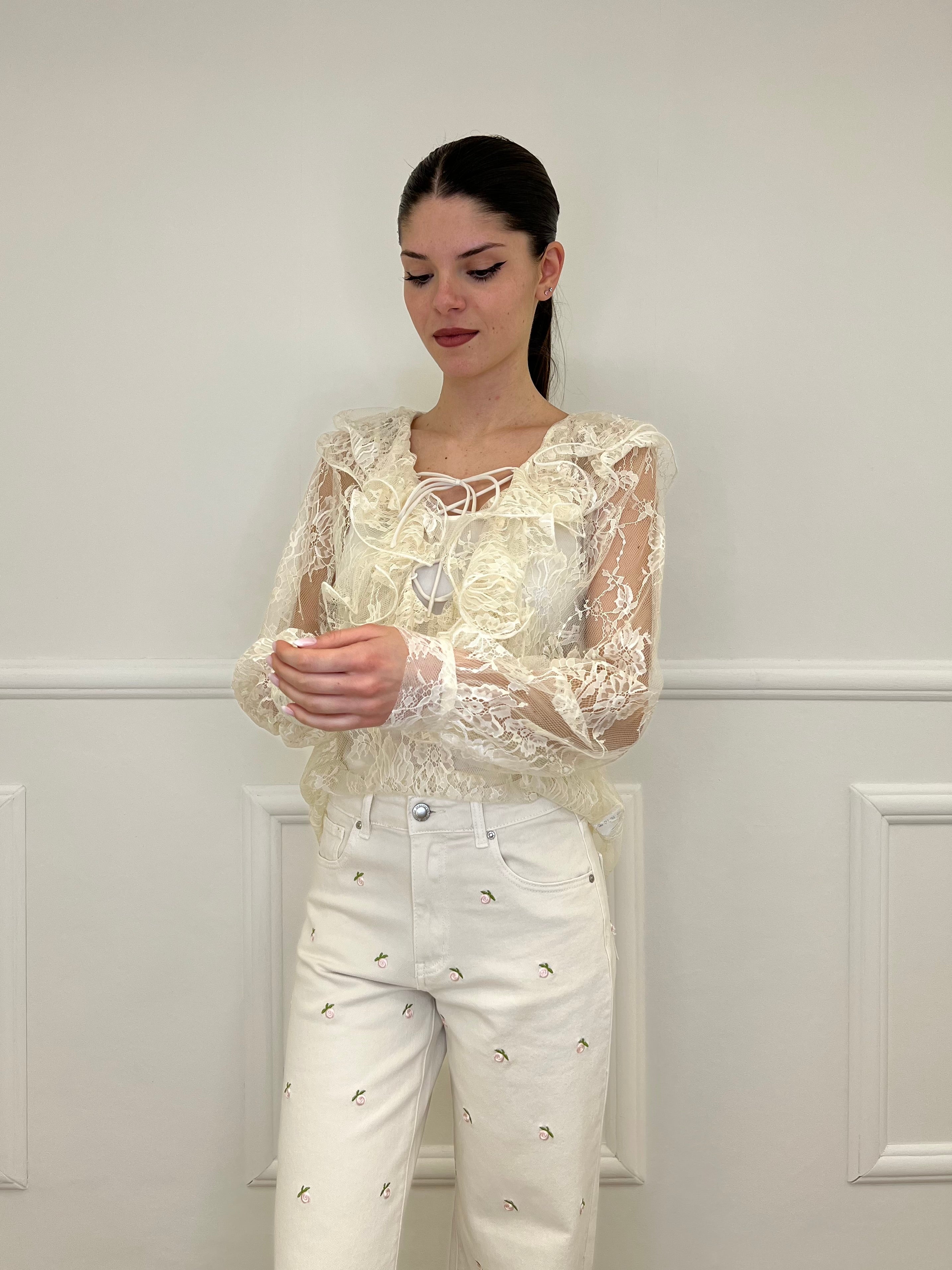 Twin Set Blusa in Pizzo Con Jabot e Sottoveste 7099 Ecru