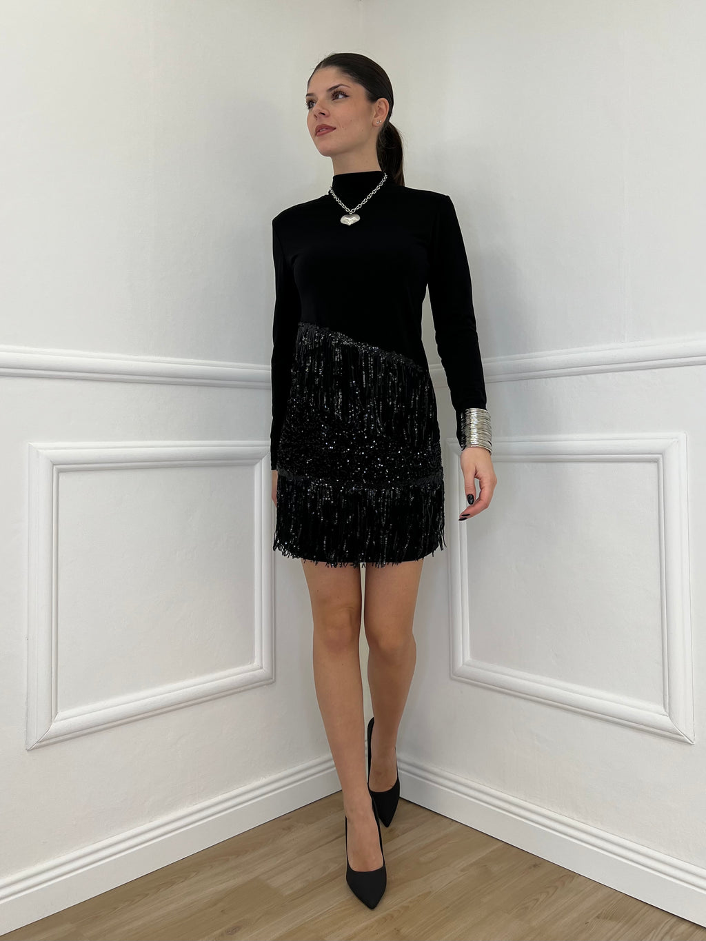 Maglia Frange Paillettes 55867 Nero