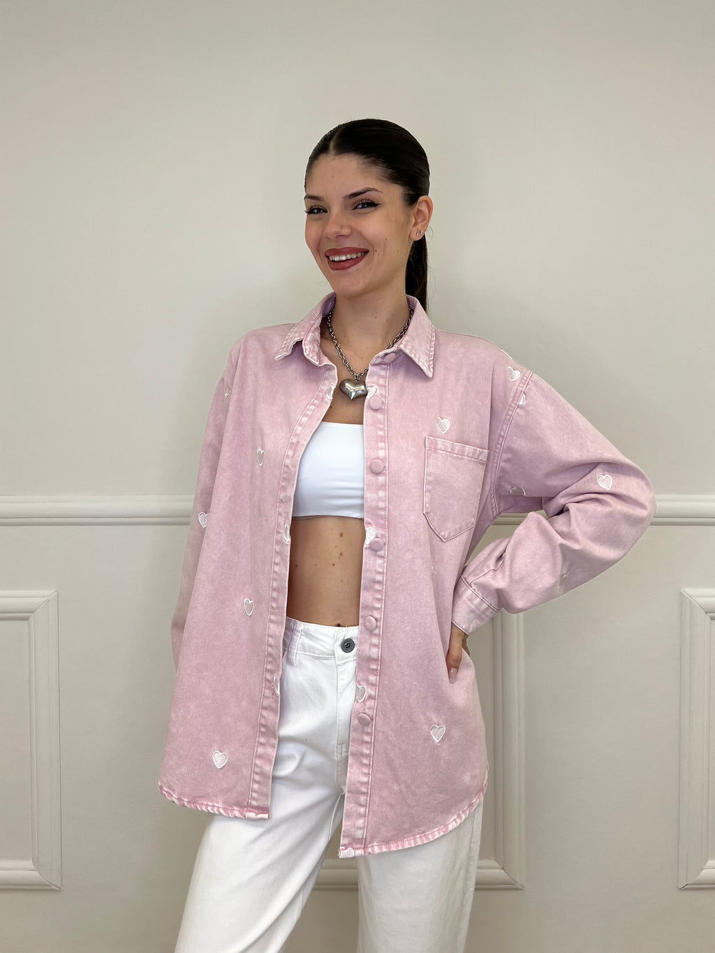Giacca Camicia Denim Cuori 0805 Rosa