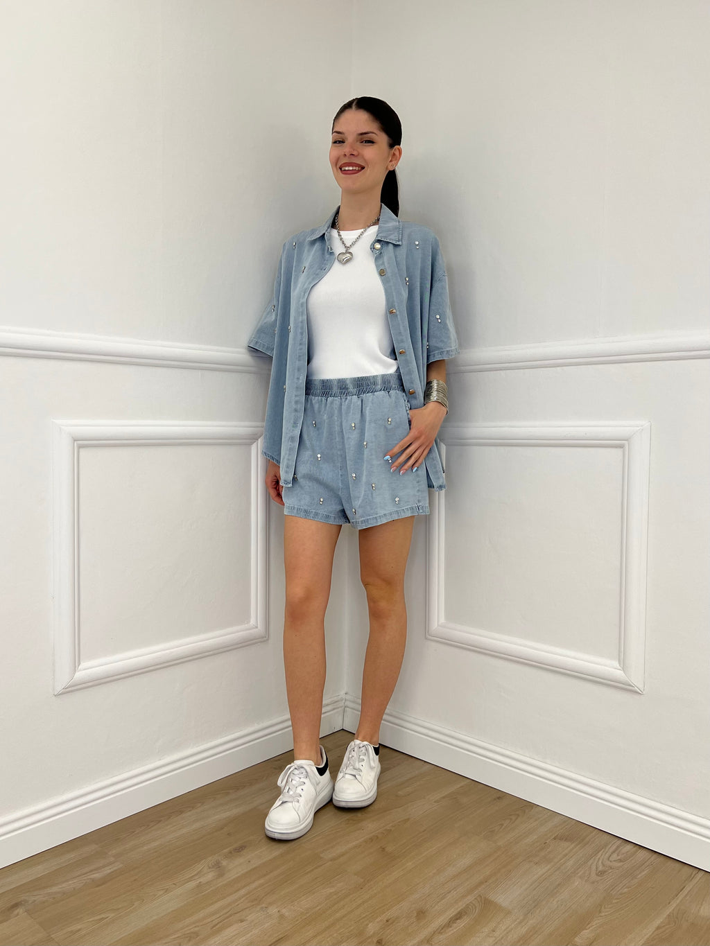 Completo Shorts Denim Con Strass 3048 Azzurro