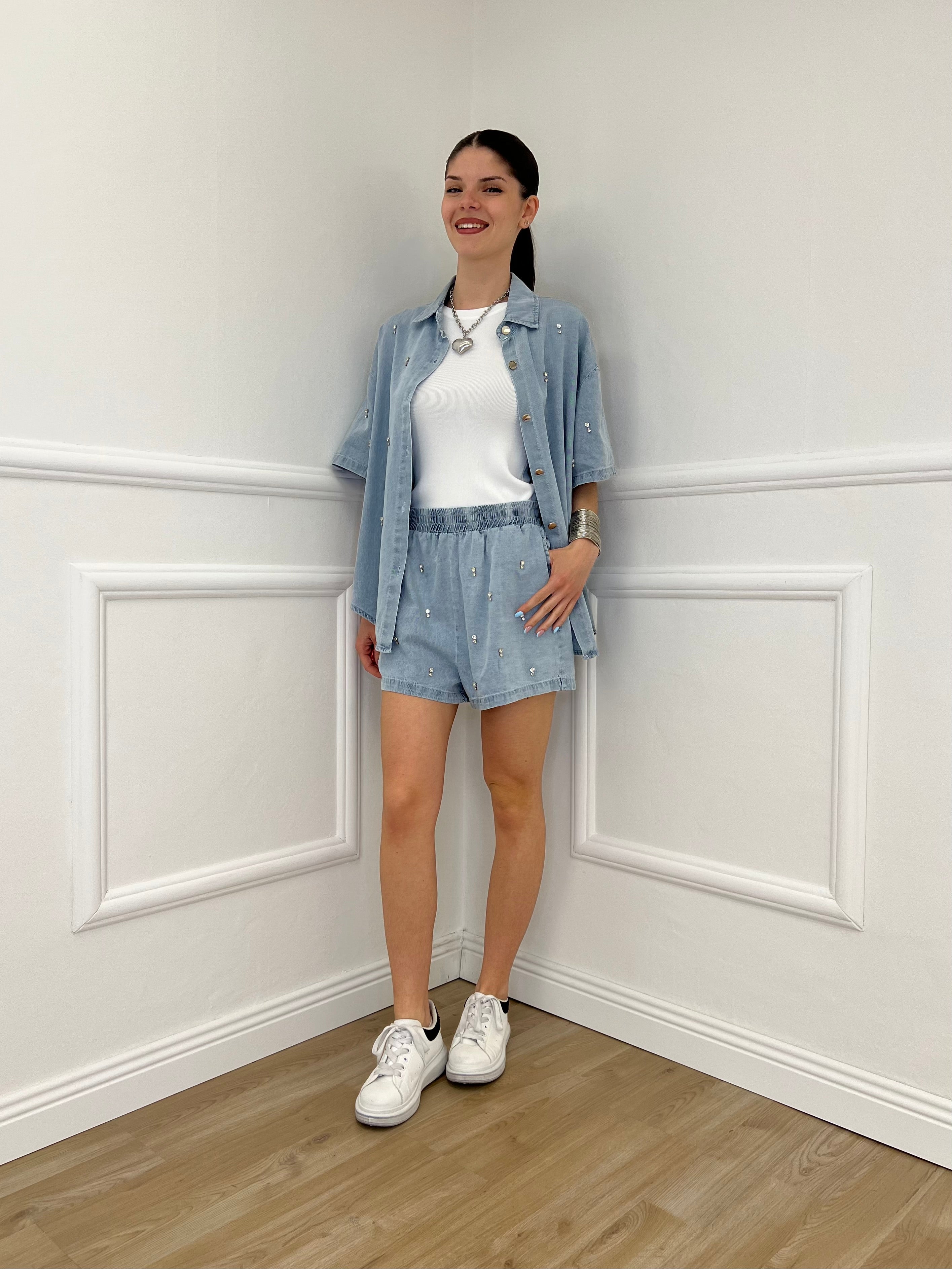 Completo Shorts Denim Con Strass 3048 Azzurro