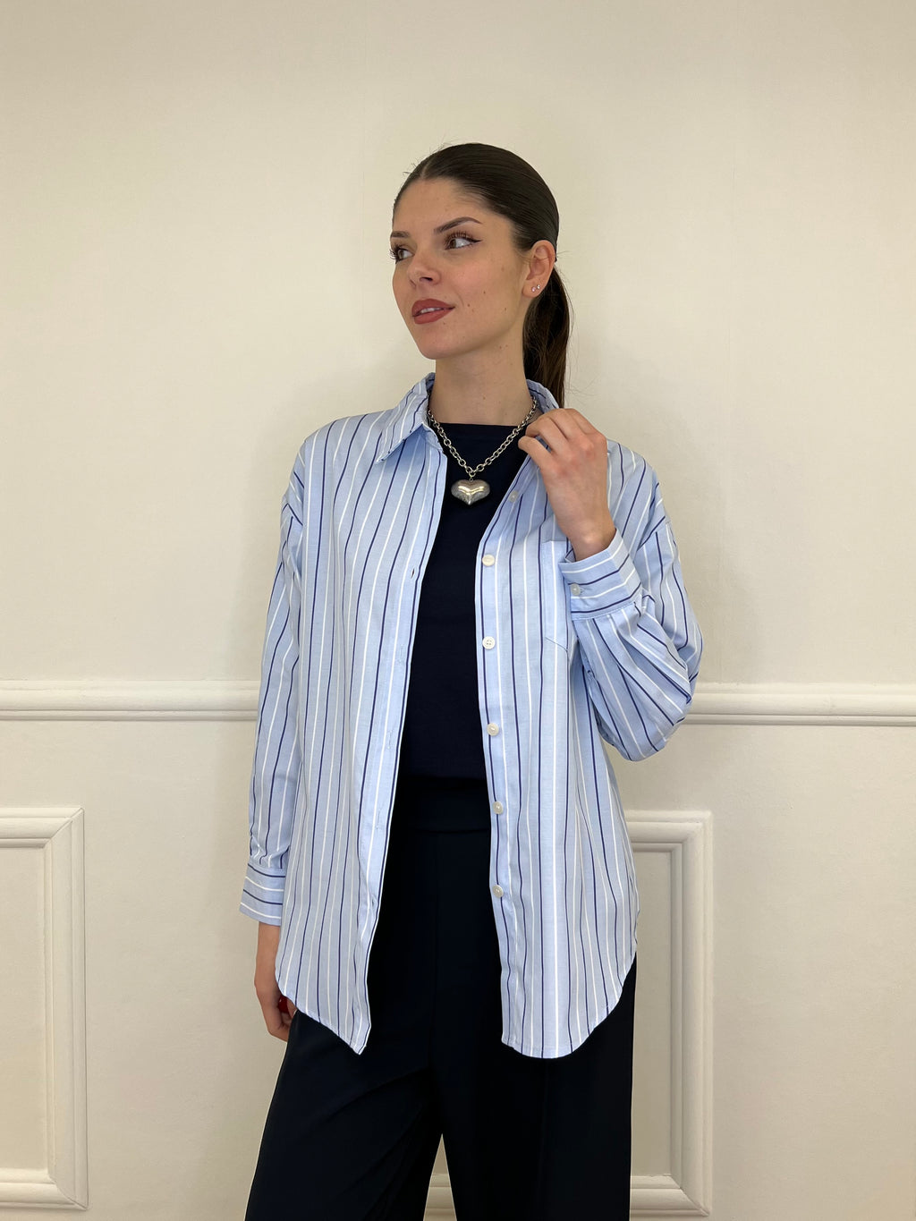 Camicia Oversize a Righe 17199 Azzurro