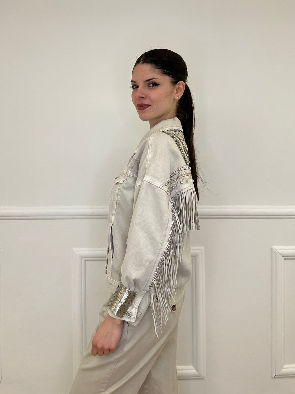 Giacca Denim con Frange e Ricami 9597 Beige