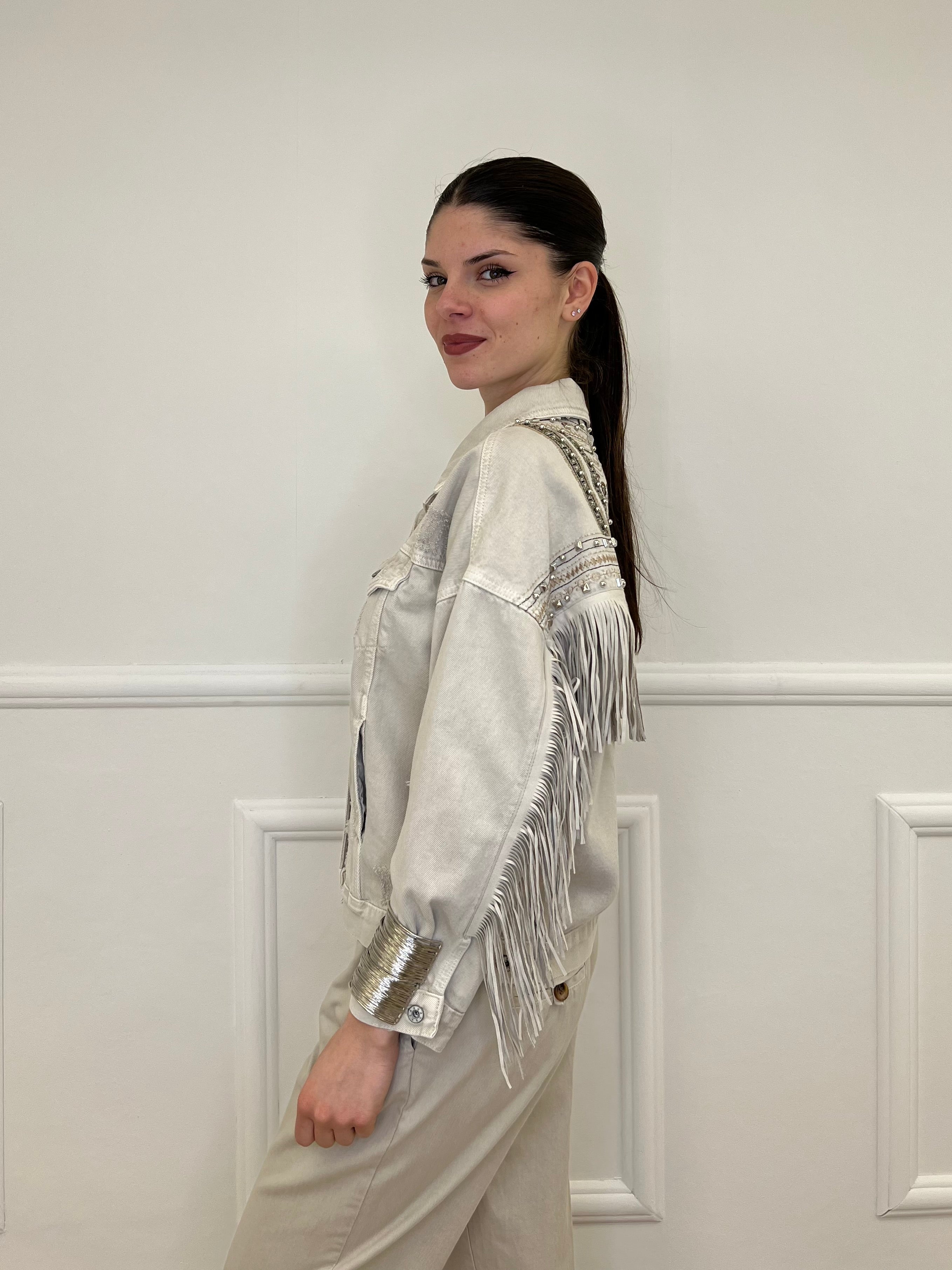 Giacca Denim con Frange e Ricami 9597 Beige