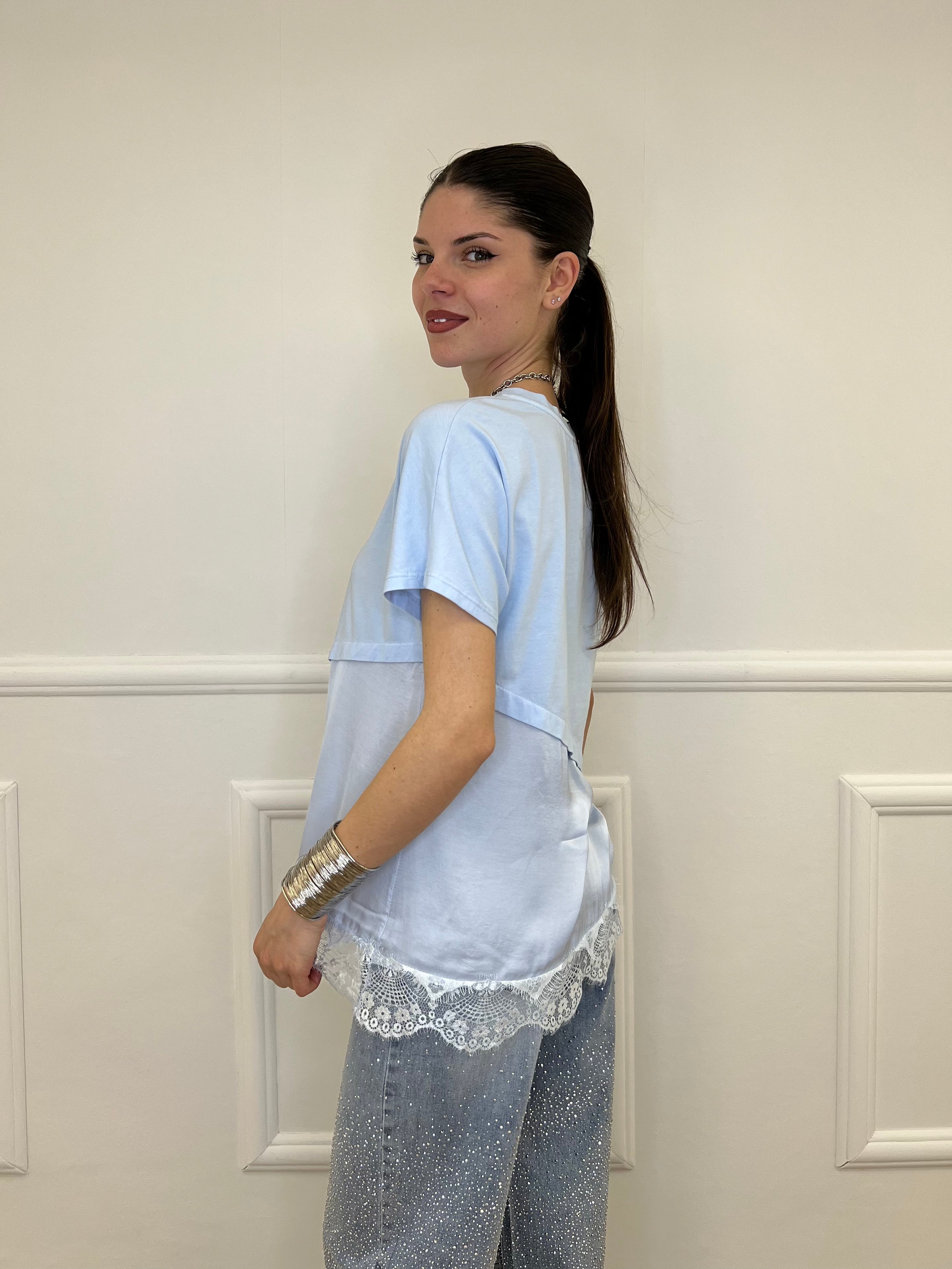 Maglietta Combinata Con Pizzo 20611 Azzurro