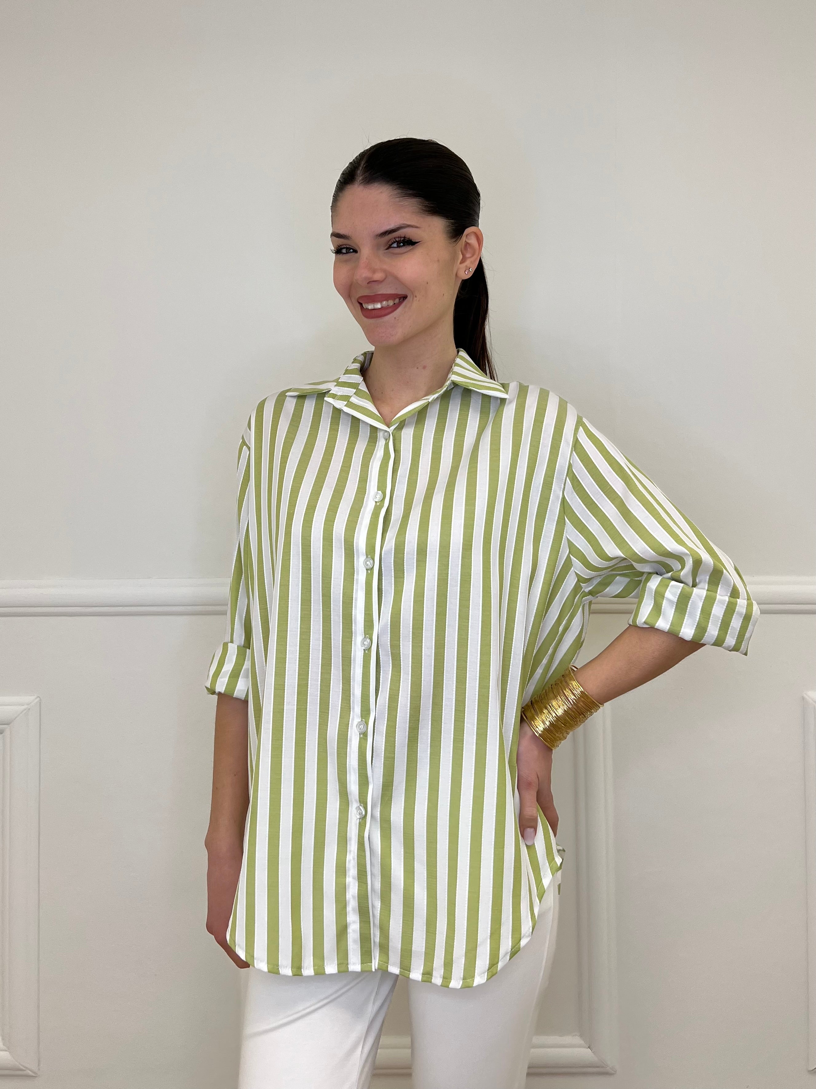 Camicia In Cotone a Righe 82062 Verde