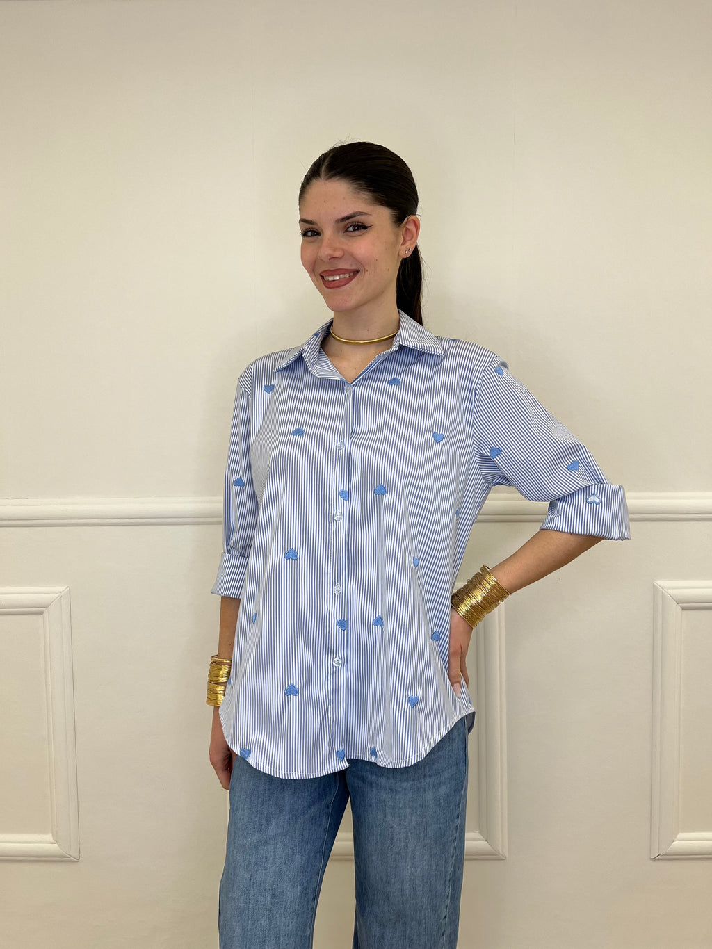 Camicia a Righe Cuori Ricamati 121255 Azzurro