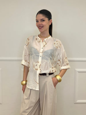 Camicia Strop Ricami e Paillettes 93-A03 Ecru
