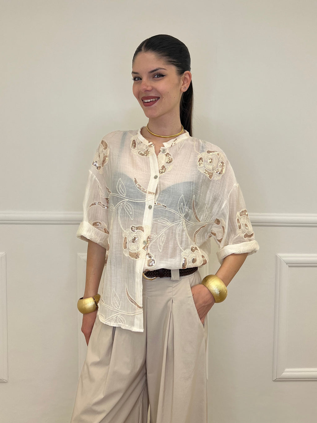 Camicia Strop Ricami e Paillettes 93-A03 Ecru