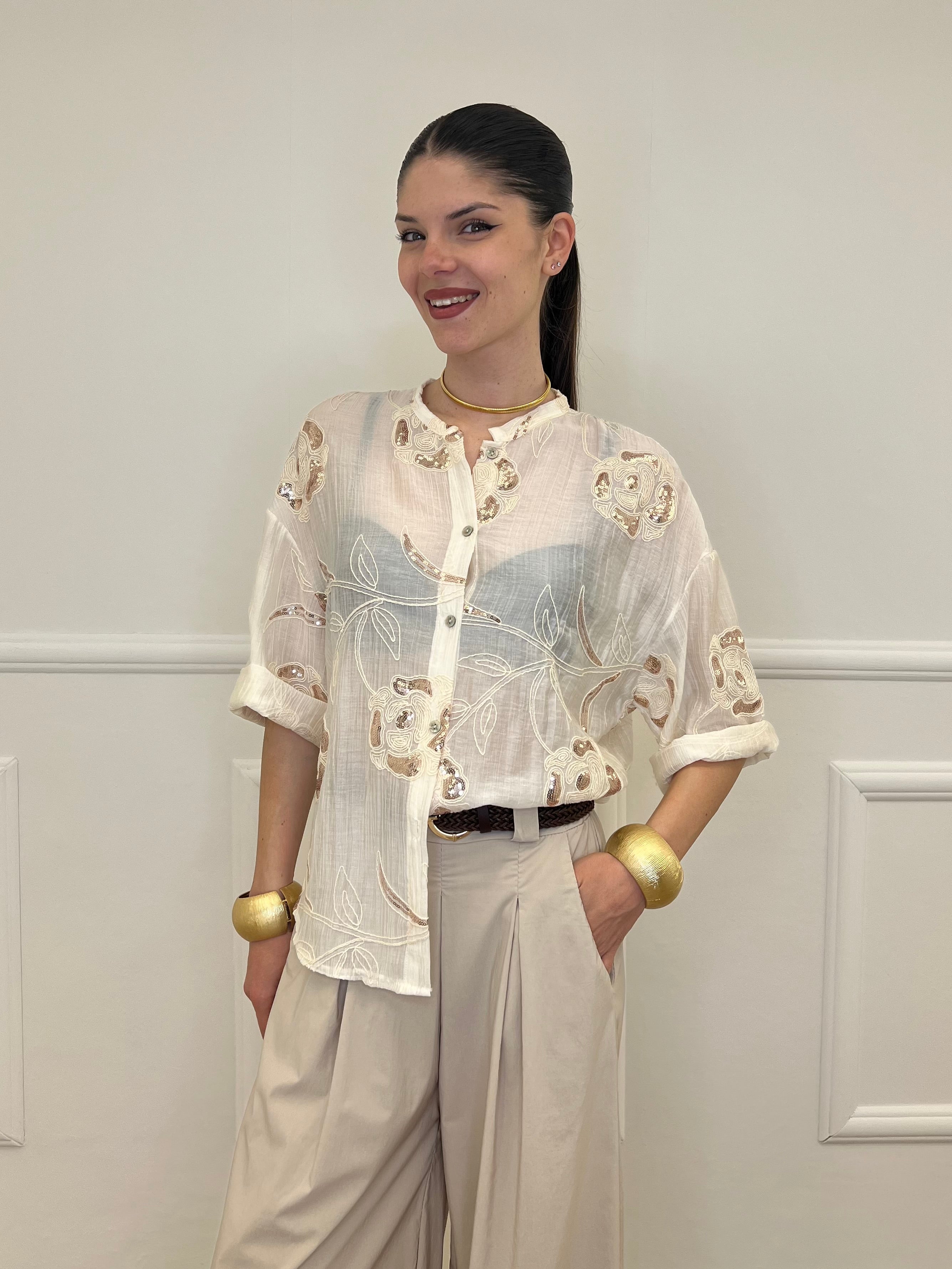 Camicia Strop Ricami e Paillettes 93-A03 Ecru