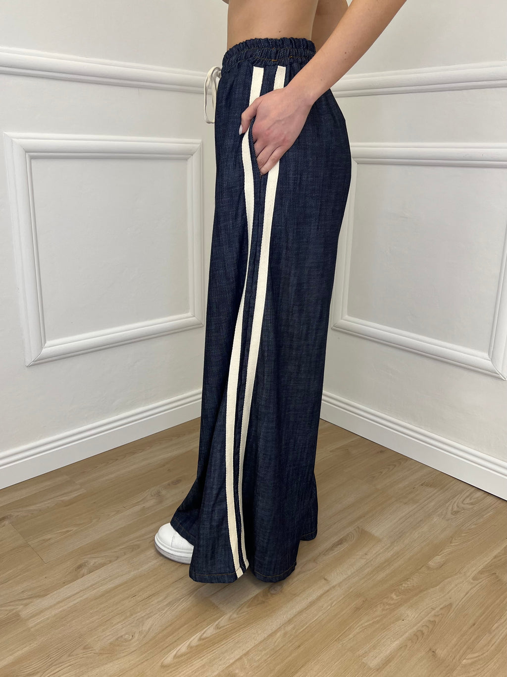 Pantalone Chambray Coulisse A7809 Blu