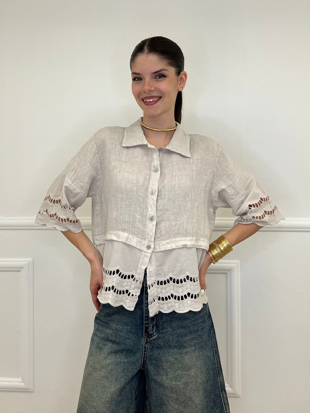 Camicia Lino Maniche Sangallo 1788 Beige