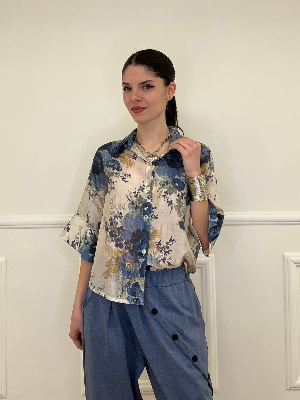 Camicia Tencel Crop Fiori 4099 Blu