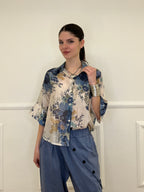 Camicia Tencel Crop Fiori 4099 Blu