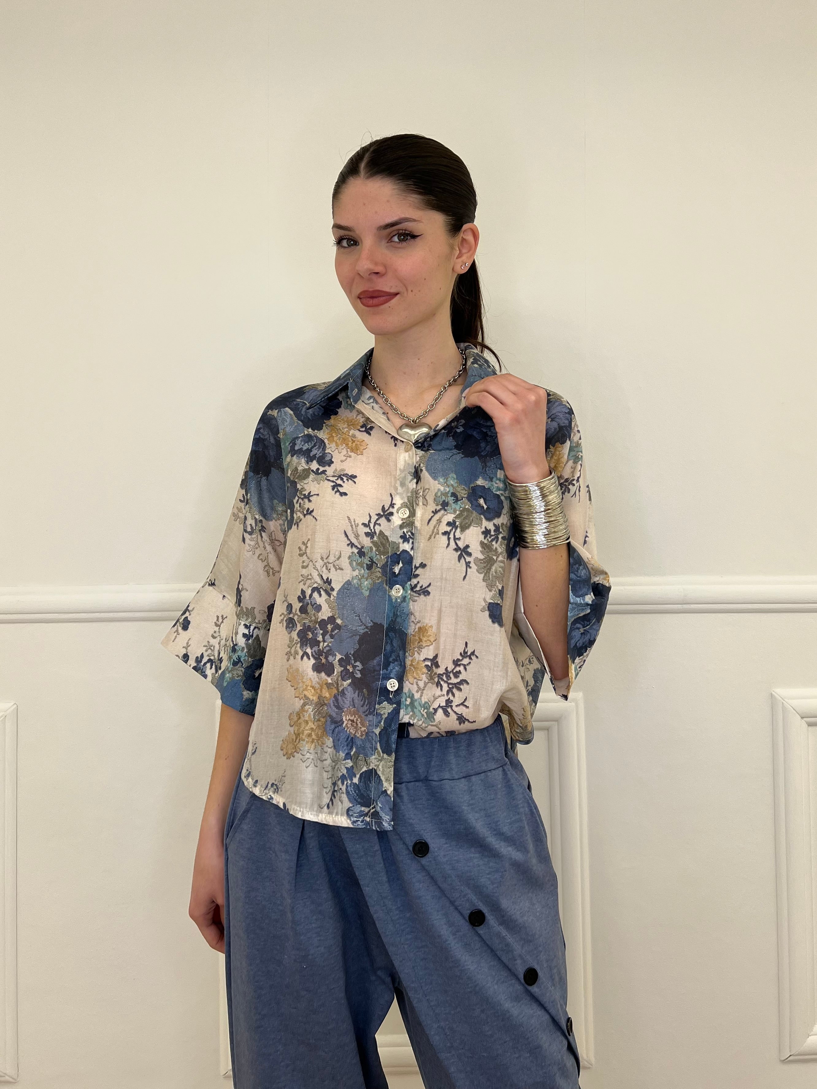 Camicia Tencel Crop Fiori 4099 Blu