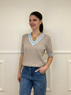 Maglia Trecce Profili a Contrasto 9467 Taupe e Azzurro