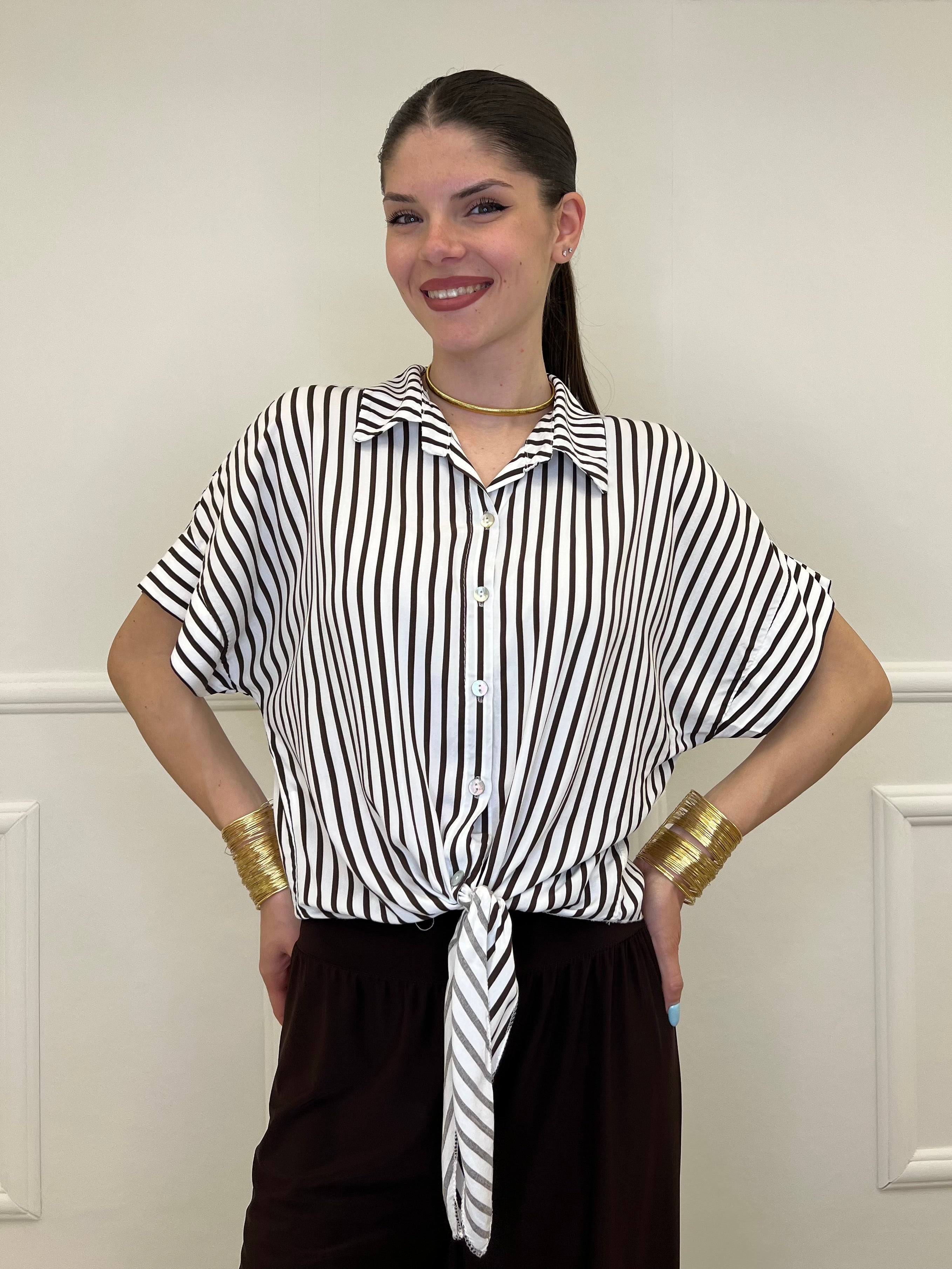 Camicia Righe Nodo Viscosa 2351 Marrone