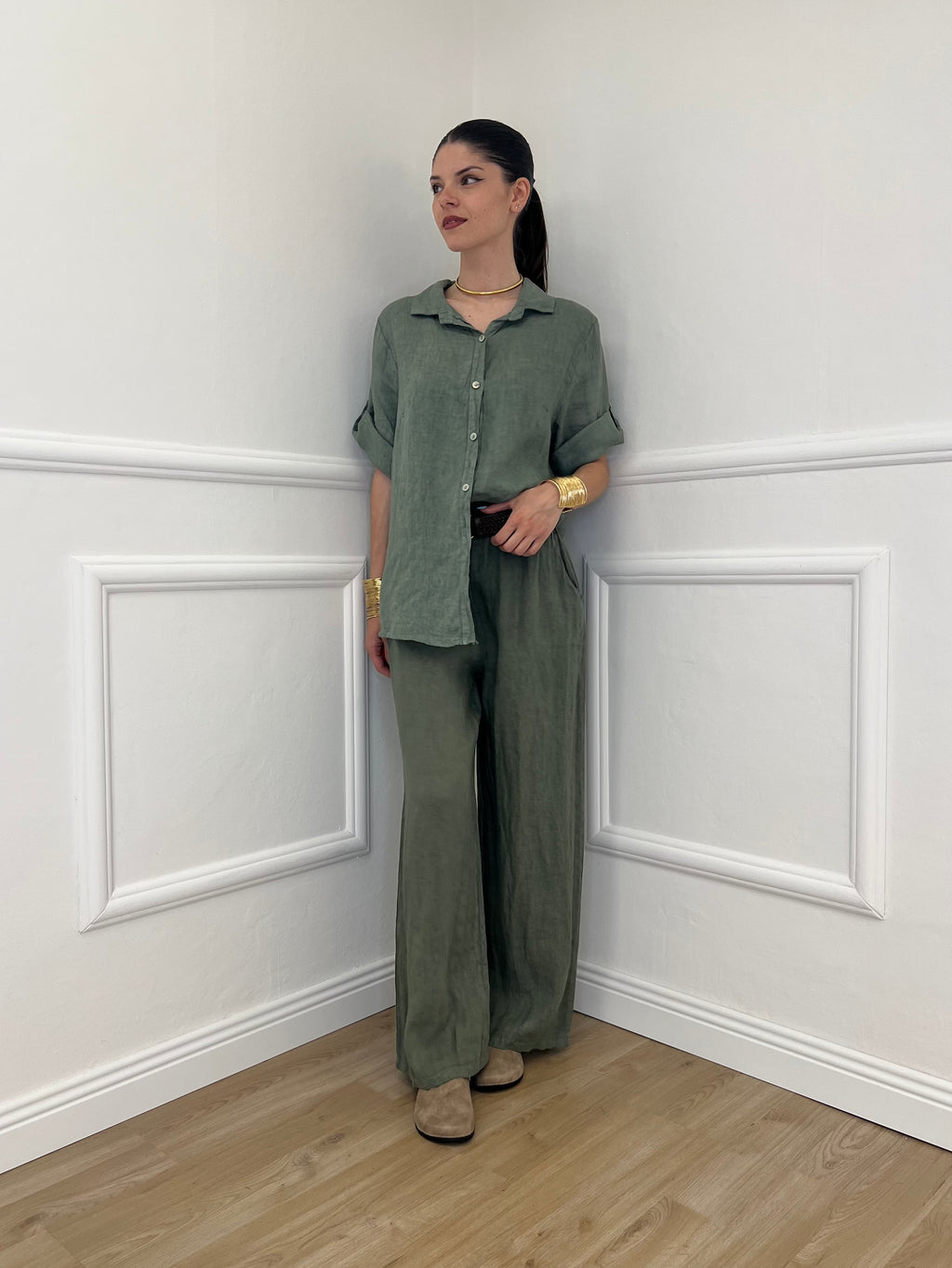 Pantalone Lino Cintura 22525 Verde
