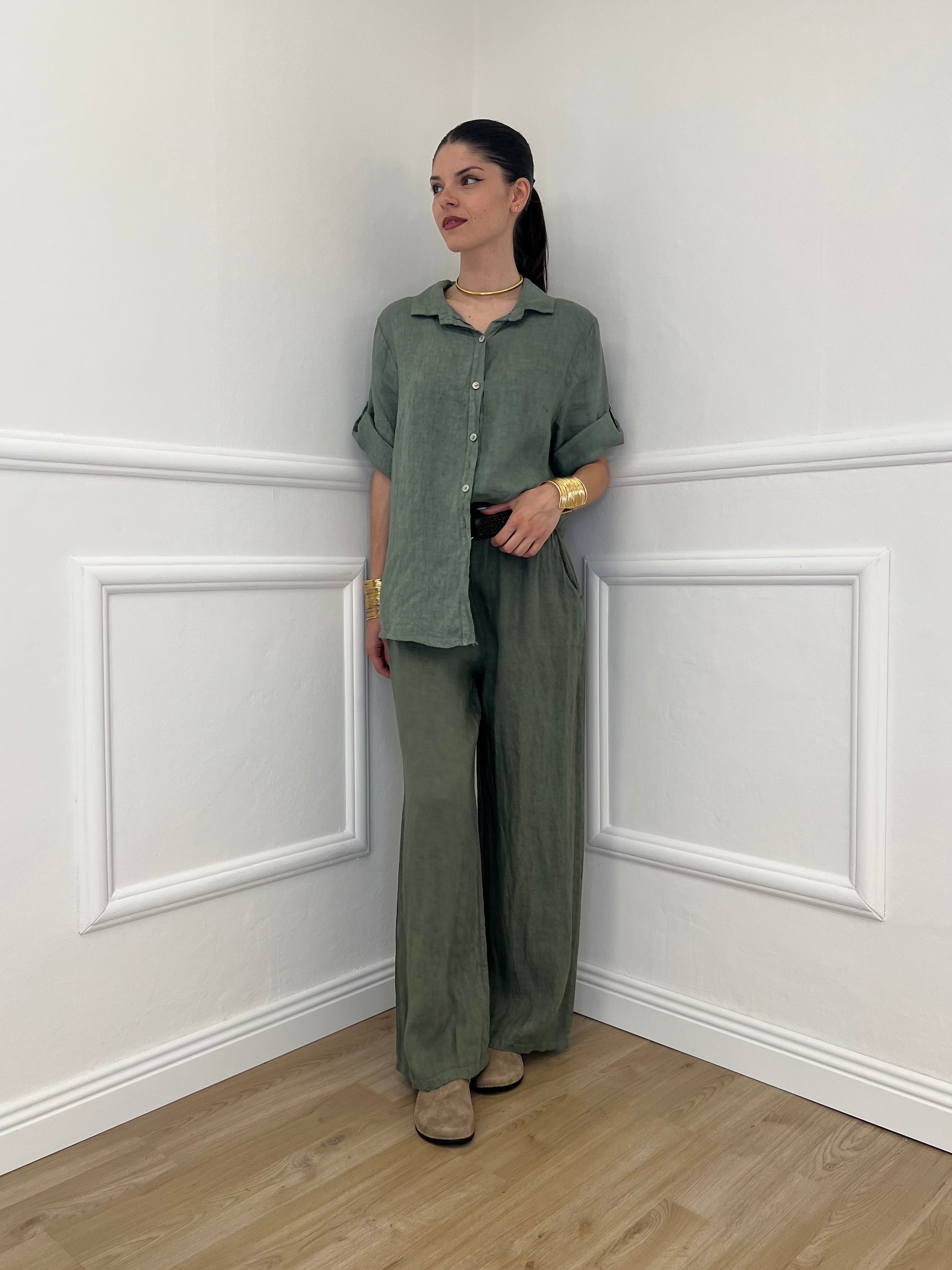 Pantalone Lino Cintura 22525 Verde