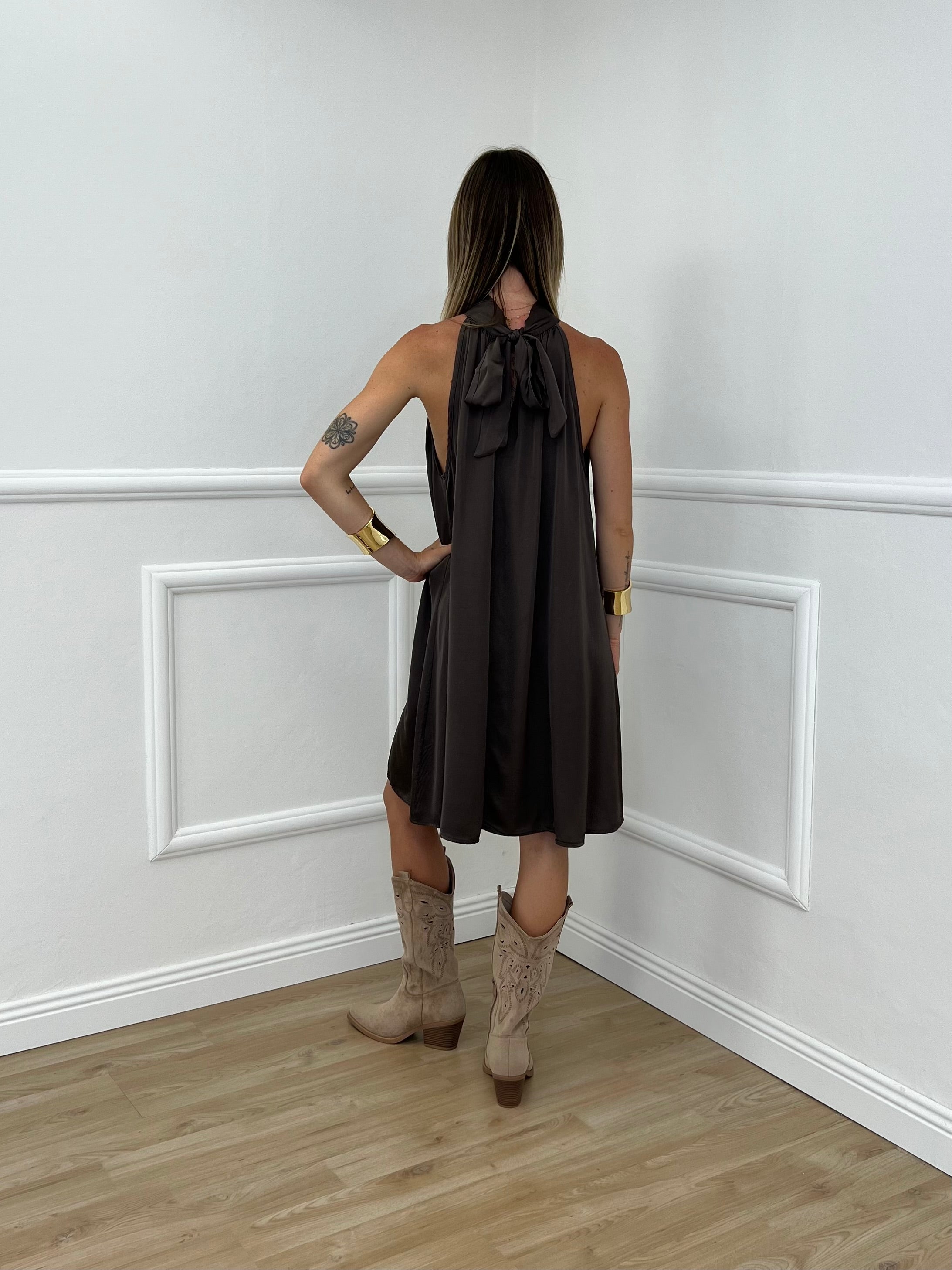Vestito Halter In Raso Di Viscosa 9535 Marrone
